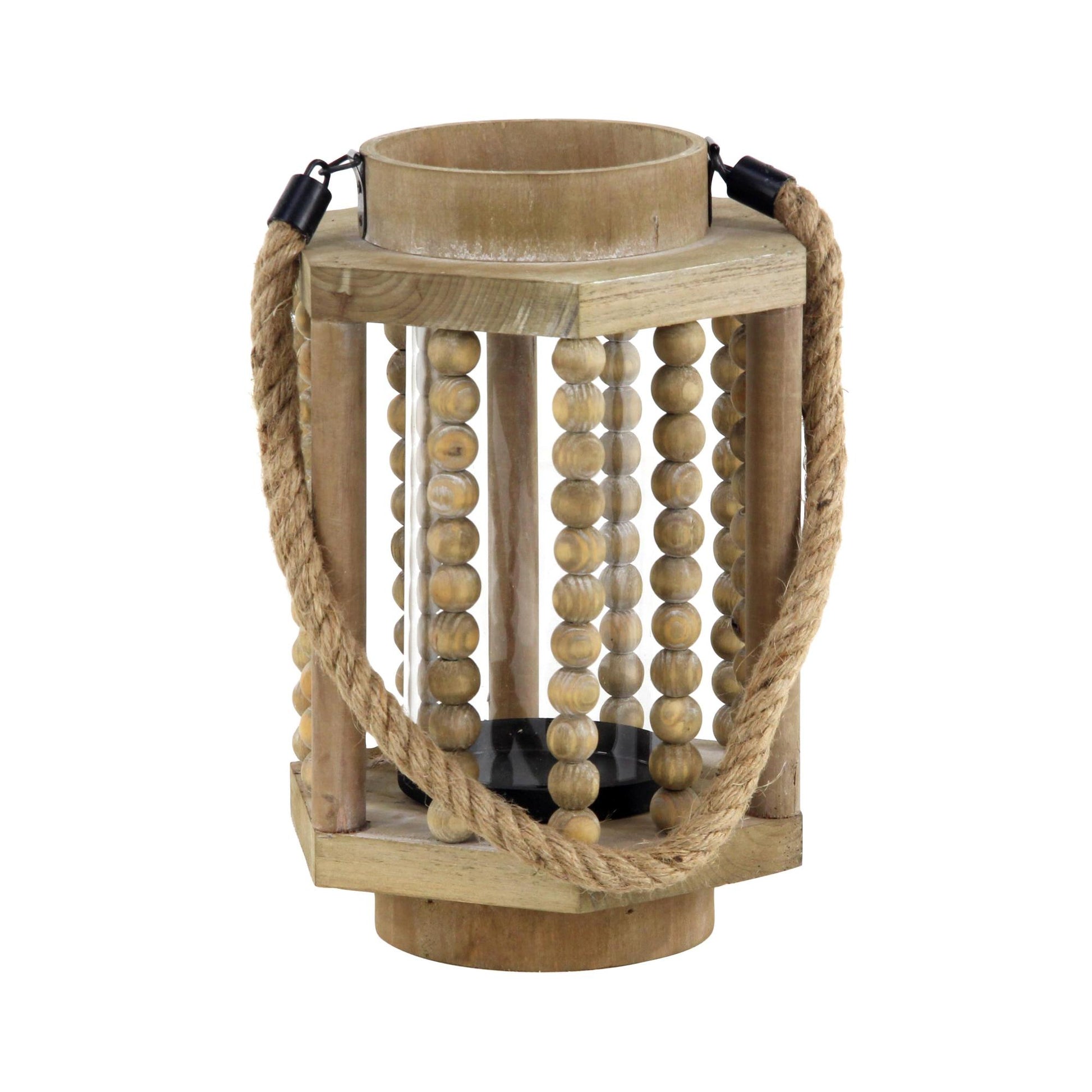 Beige Reclaimed Wood Beaded Decorative Indoor Outdoor Candle Lantern