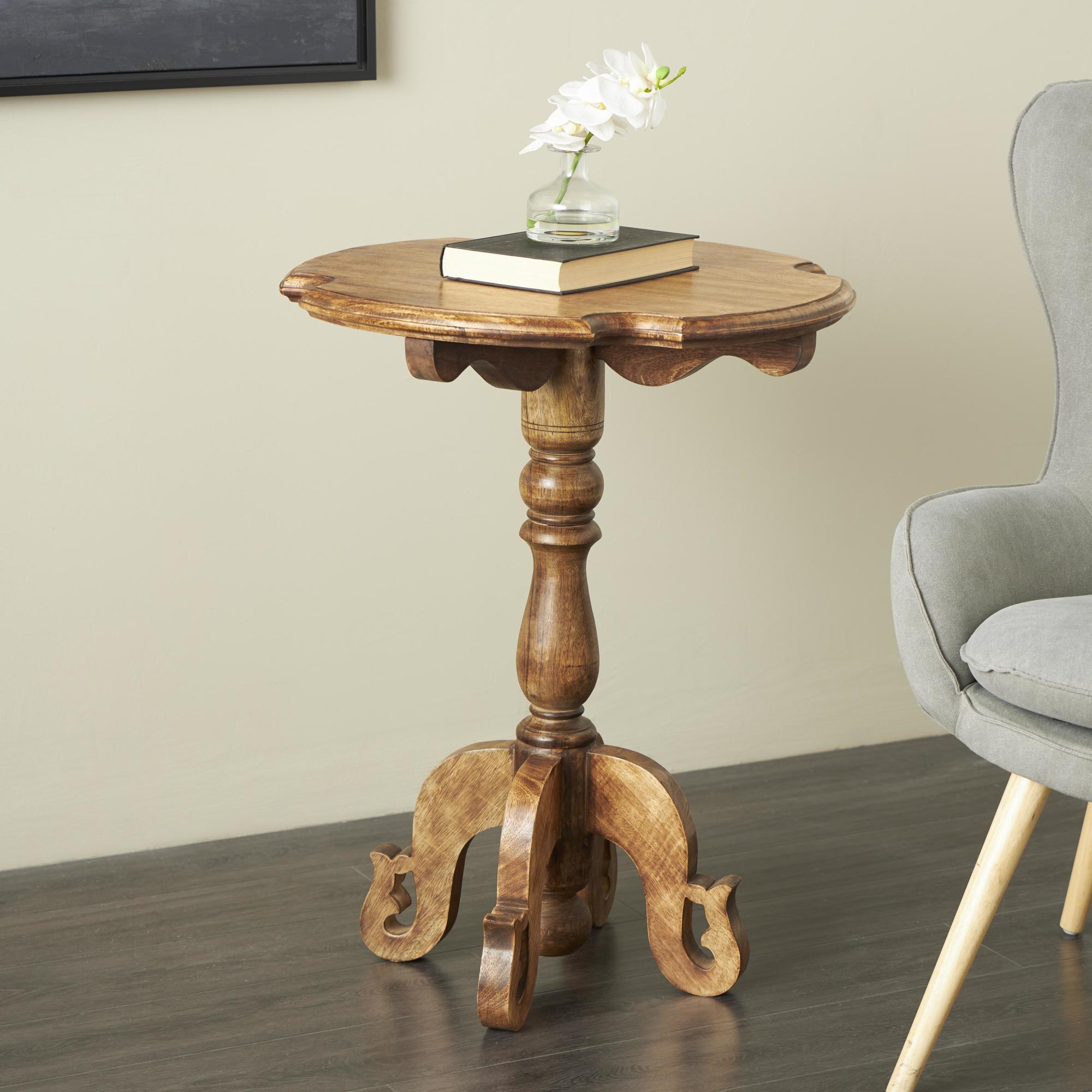 Brown Mango Wood Turned Side End Accent Table with Scrolled Legs and Cutout Tabletop
