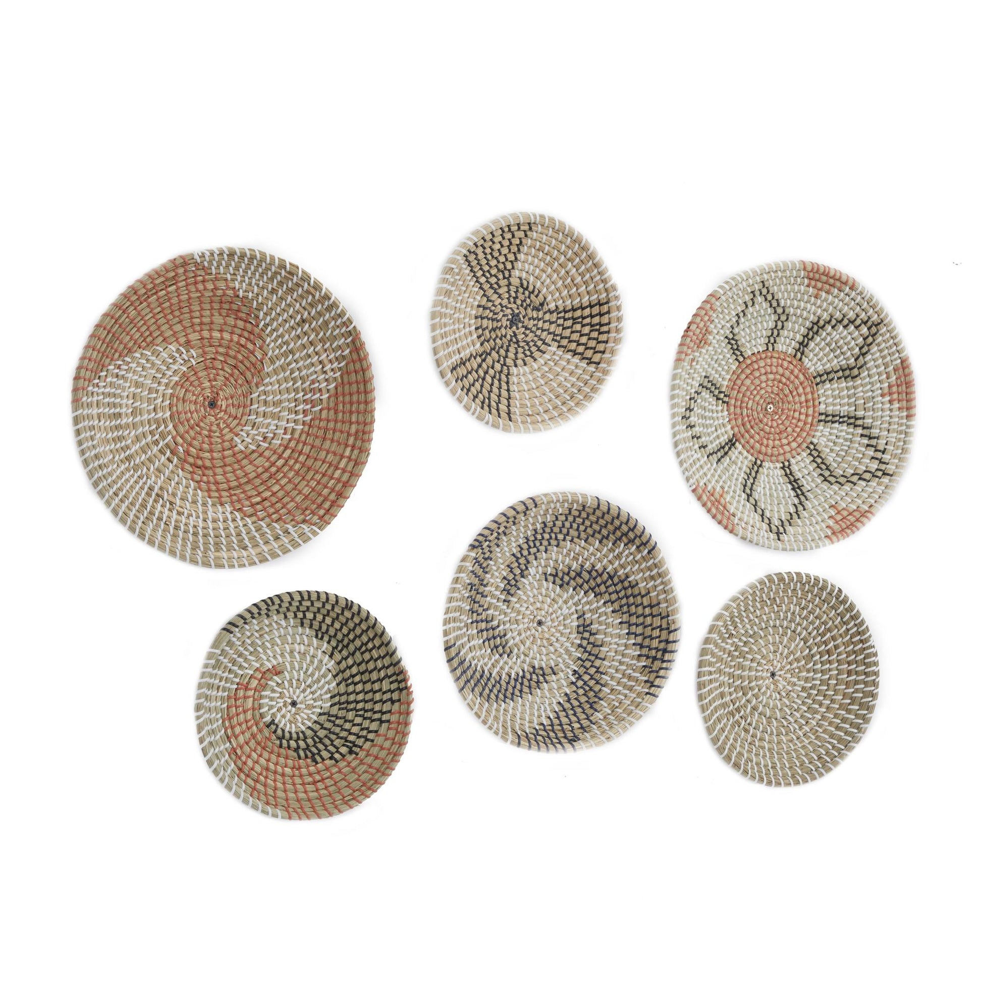 Set of 6 Plate Orange Seagrass Handmade Patterned Basket Home Wall Decor