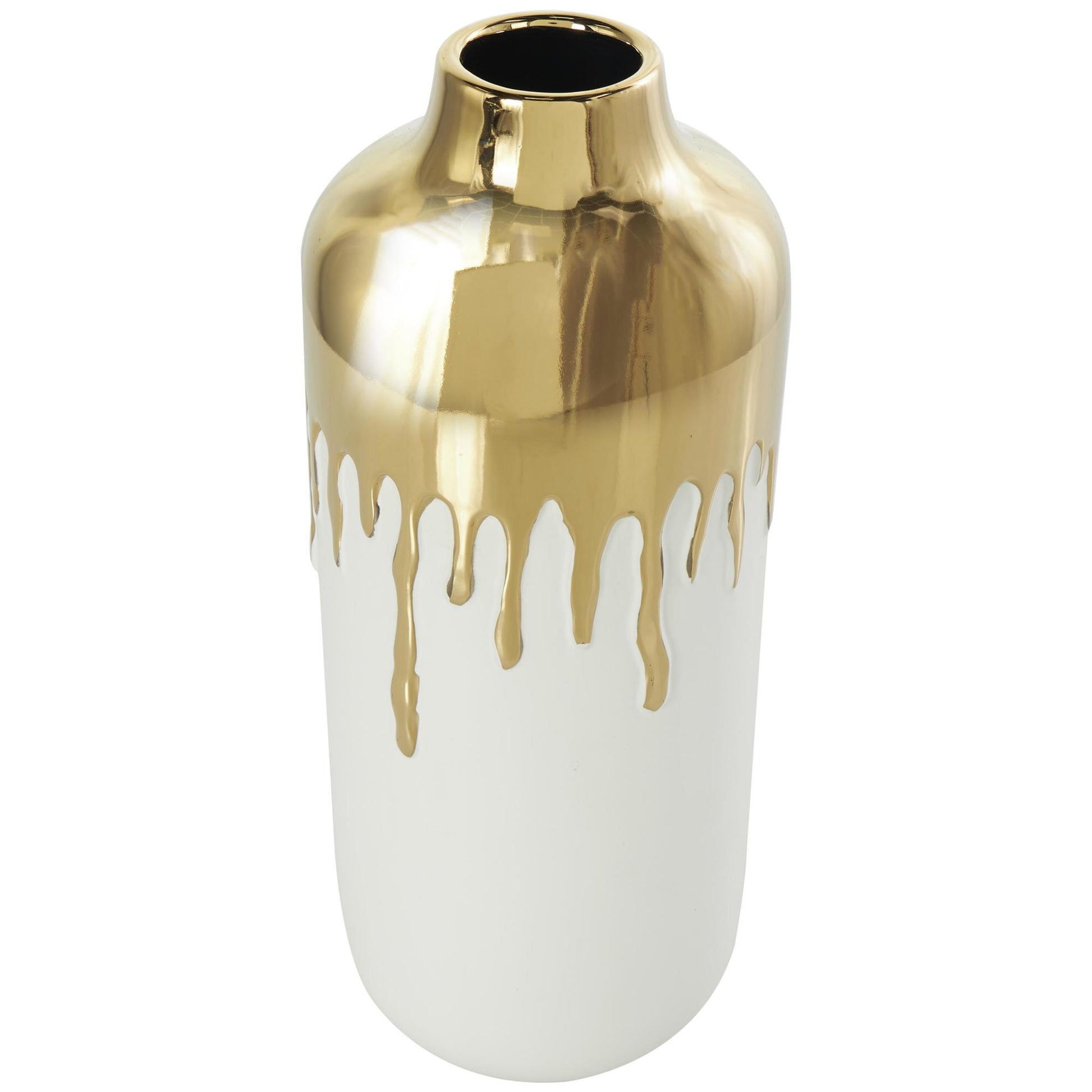 CosmoLiving by Cosmopolitan Abstract White Ceramic Decorative Vase with Abstract Gold Melting Drips