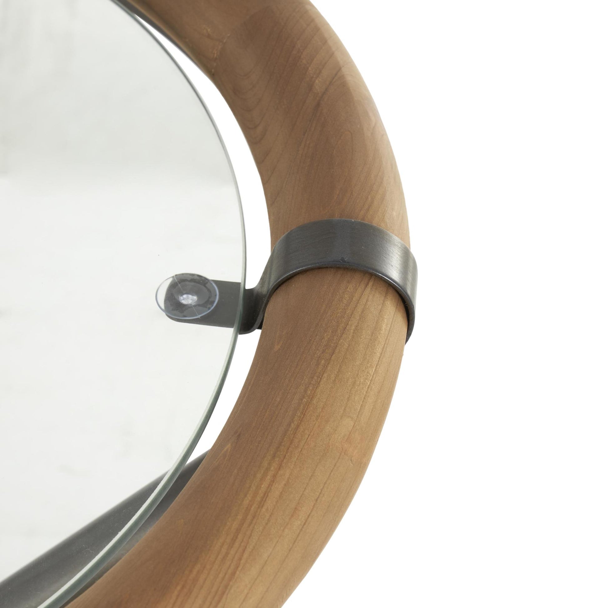 Brass Metal Round Side End Accent Table with Brown Wooden Framed Glass Tabletop