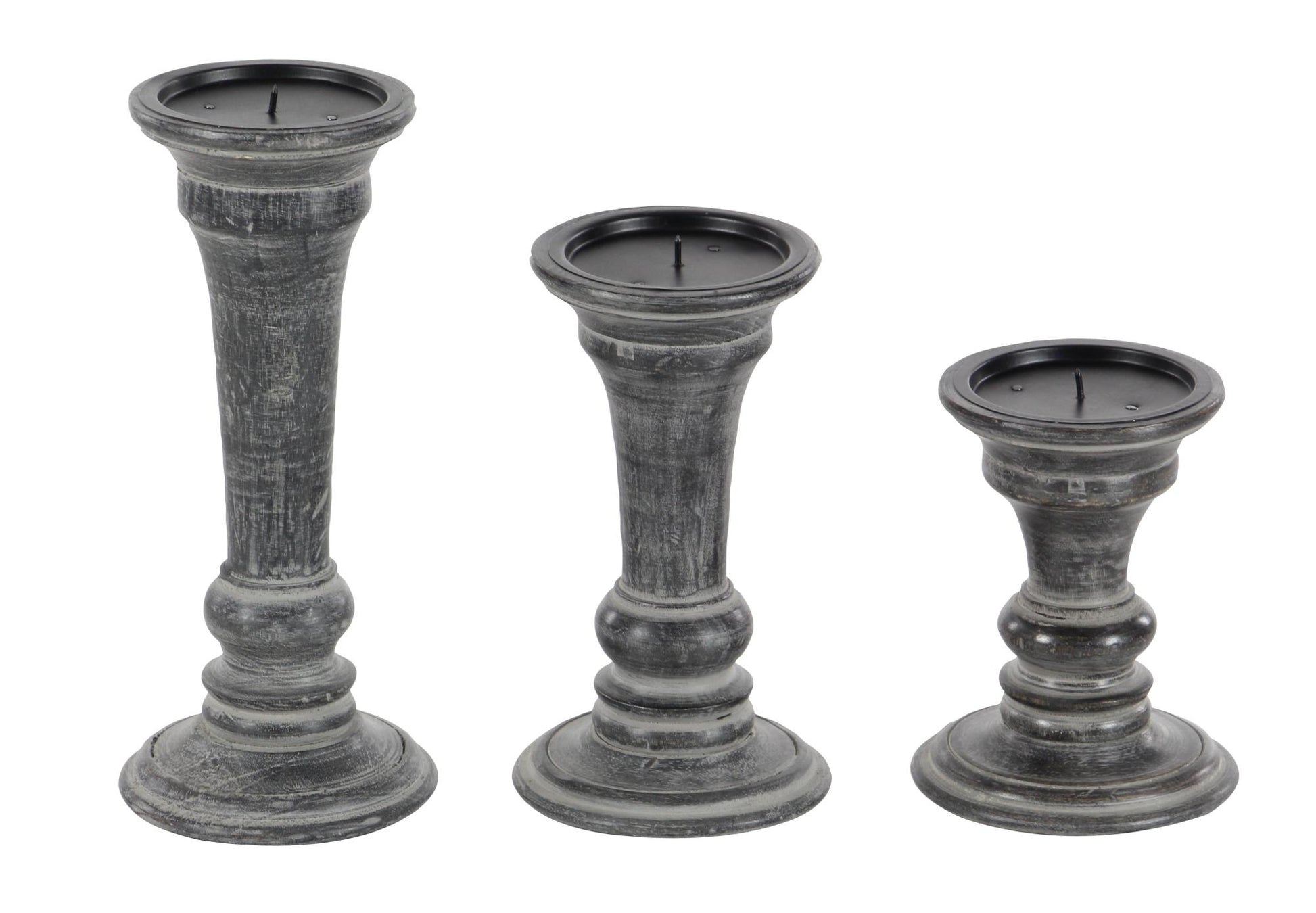 Set of 3 Black Mango Wood Whitewashed Turned Decorative Candle Holder