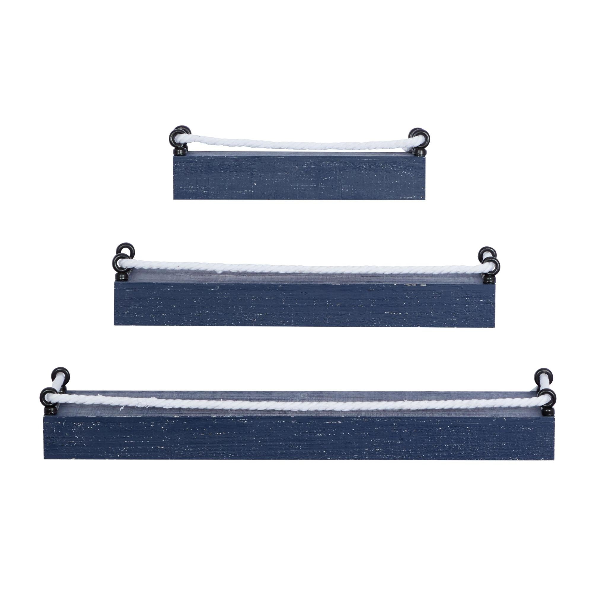 Set of 3 Blue Wood 3 Shelves Room Wall Shelf with Knotted Rope