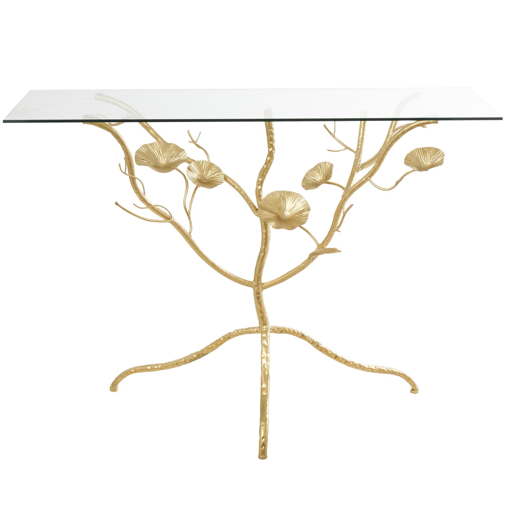 Floral Gold Metal Branch Living Room Console Table with Tempered Glass Top