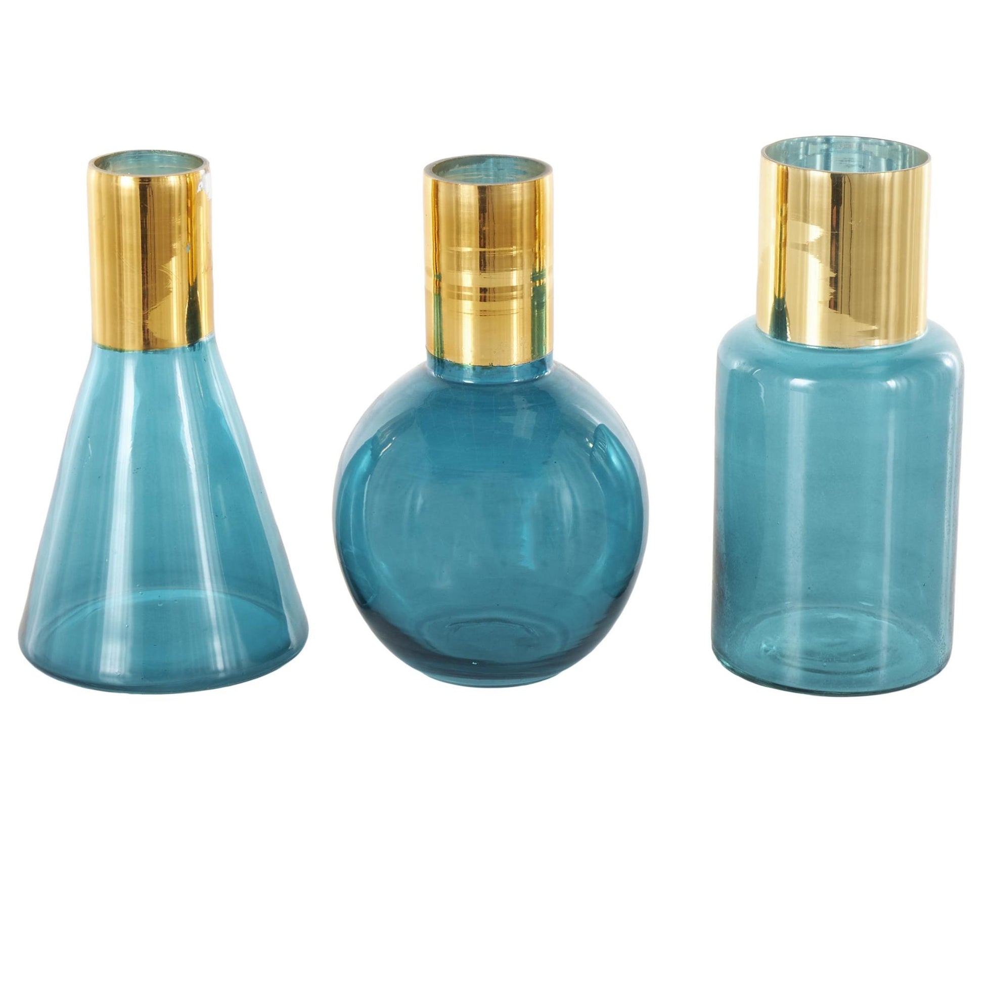 Set of 3 Geometric Glass Tinted Decorative Vase with Gold Rim and Varying Shapes