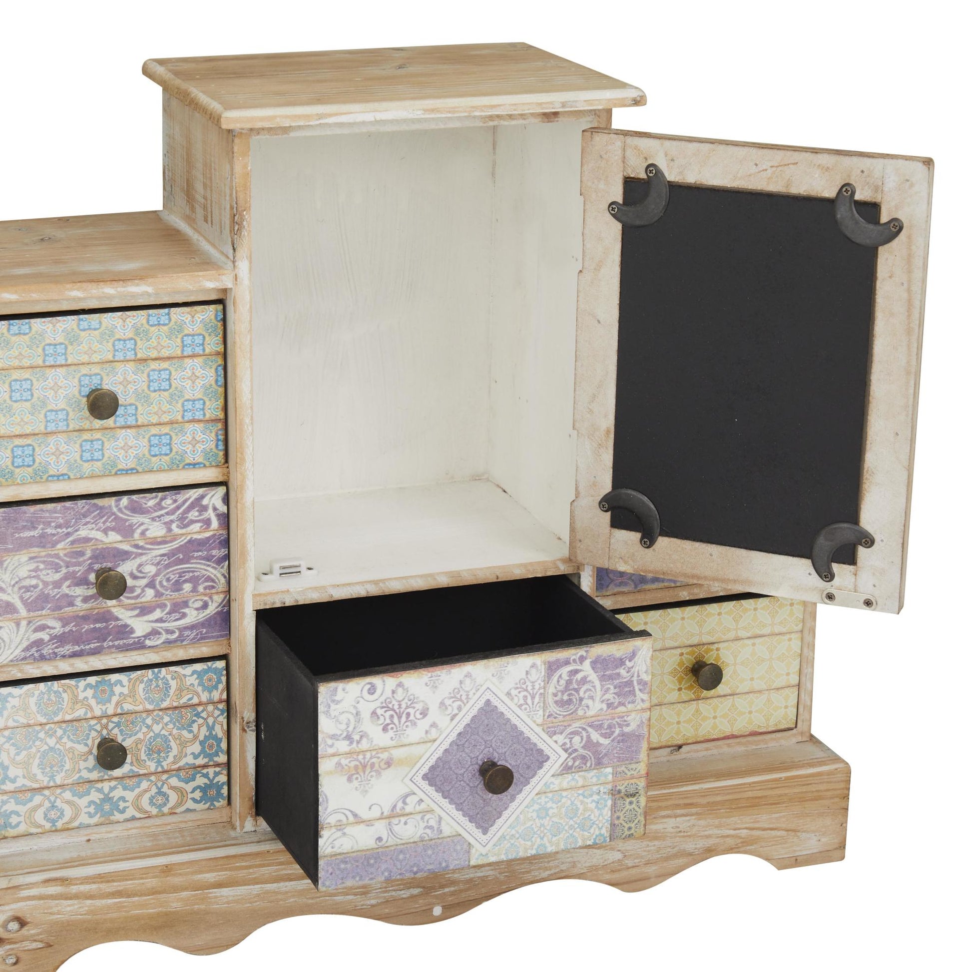 Scroll Light Brown Wooden 7 Drawers Decorative Jewelry Box with Patchwork Patterns