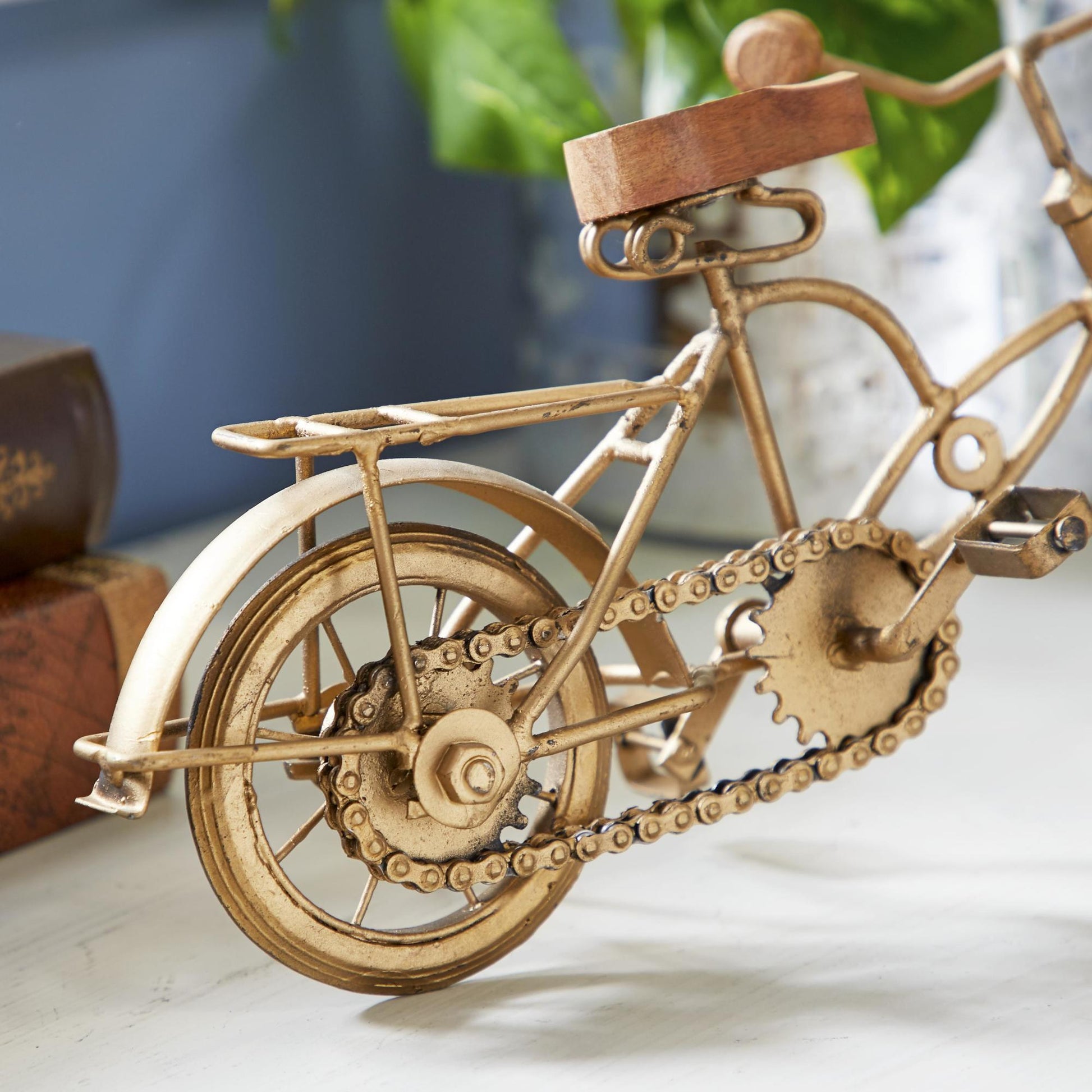 Bike Gold Metal Decorative Sculpture with Wood Accents