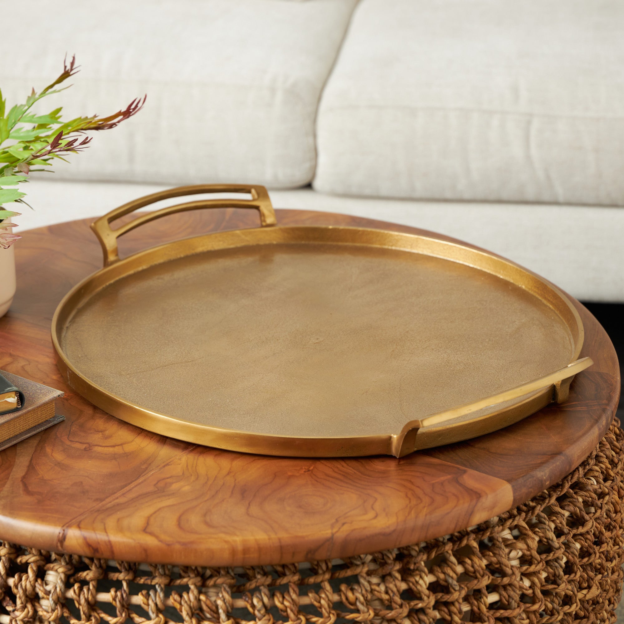 Aluminum Metal Round Living Room Decor Tray with Handles