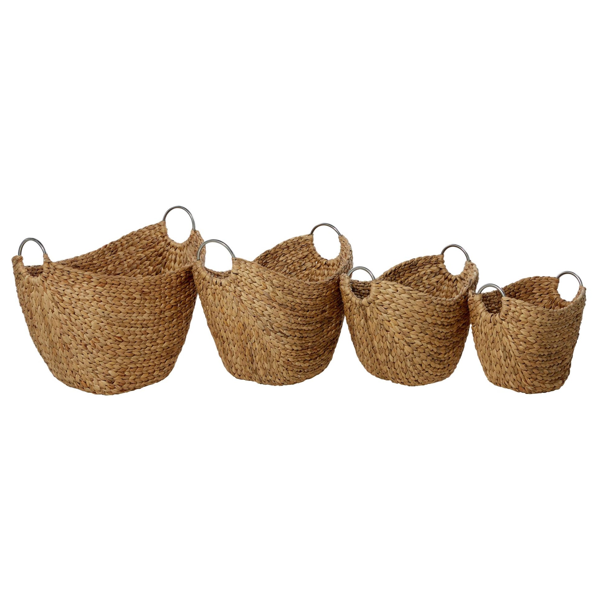 Set of 4 Brown Seagrass Handmade Woven Curved Decorative and Functional Storage Basket with Silver Metal Handles