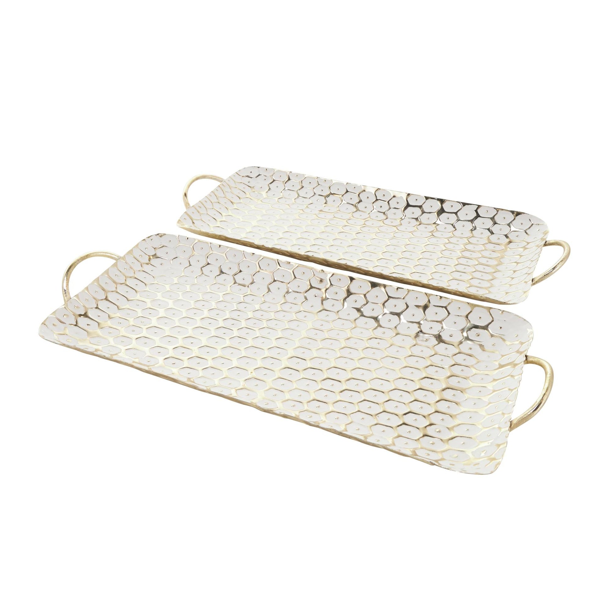 Set of 2 Geometric Gold Metal Geometric Dot Living Room Decor Tray with White Accents