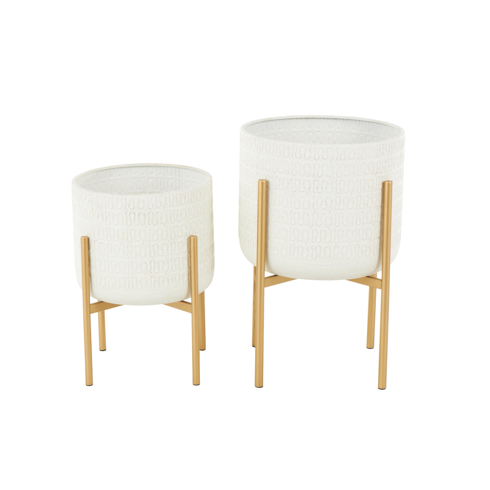 Set of 2 White Metal Dome Indoor Outdoor Planter with Gold Stand