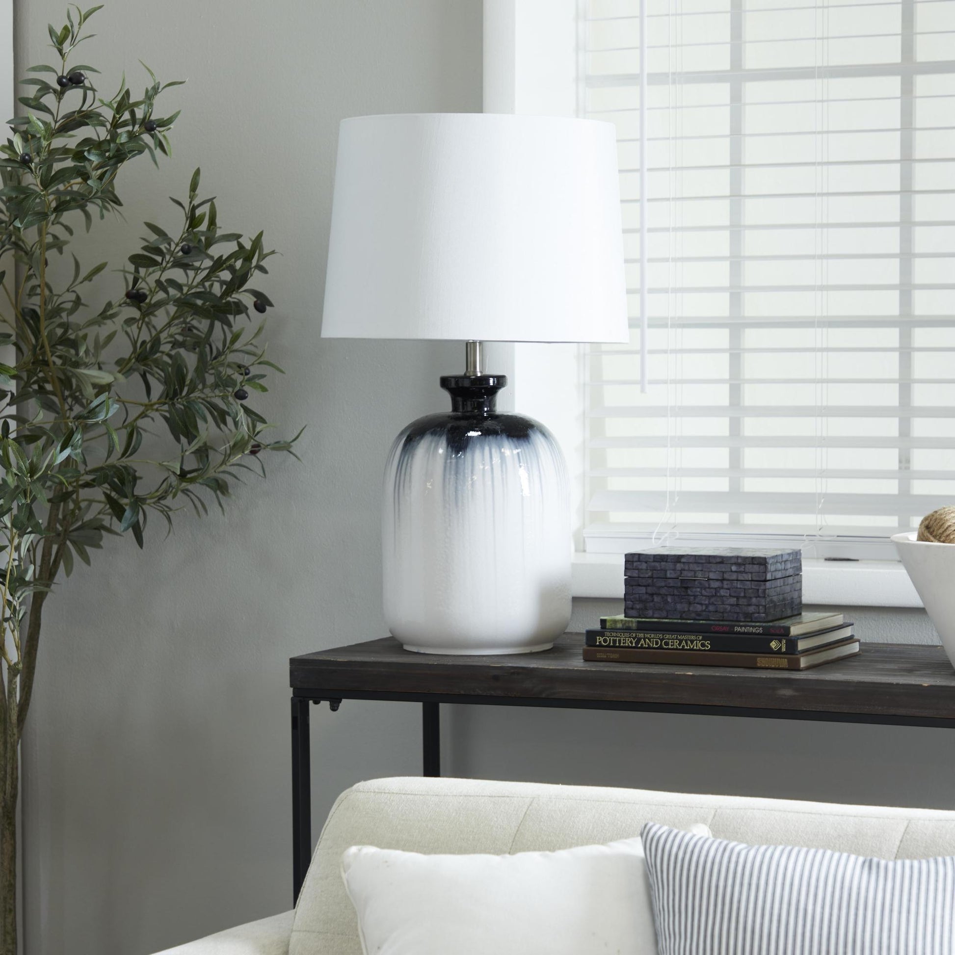 White Glass Gourd Style Base Room Table Lamp with Drum Shade