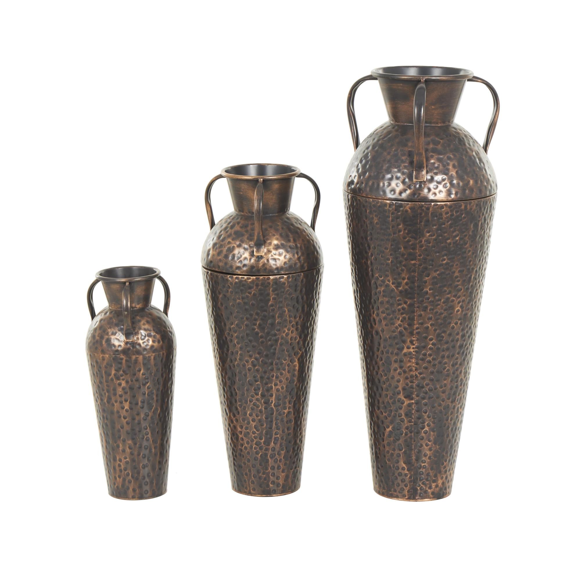 Set of 3 Copper Metal Tall Floor Weathered Amphora Decorative Vase with Hammered Details and Handles