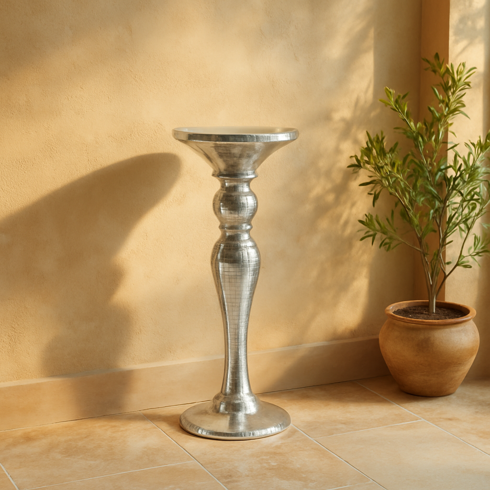 Silver Glass Mosaic Mirrored Turned Floor Side End Pedestal Table