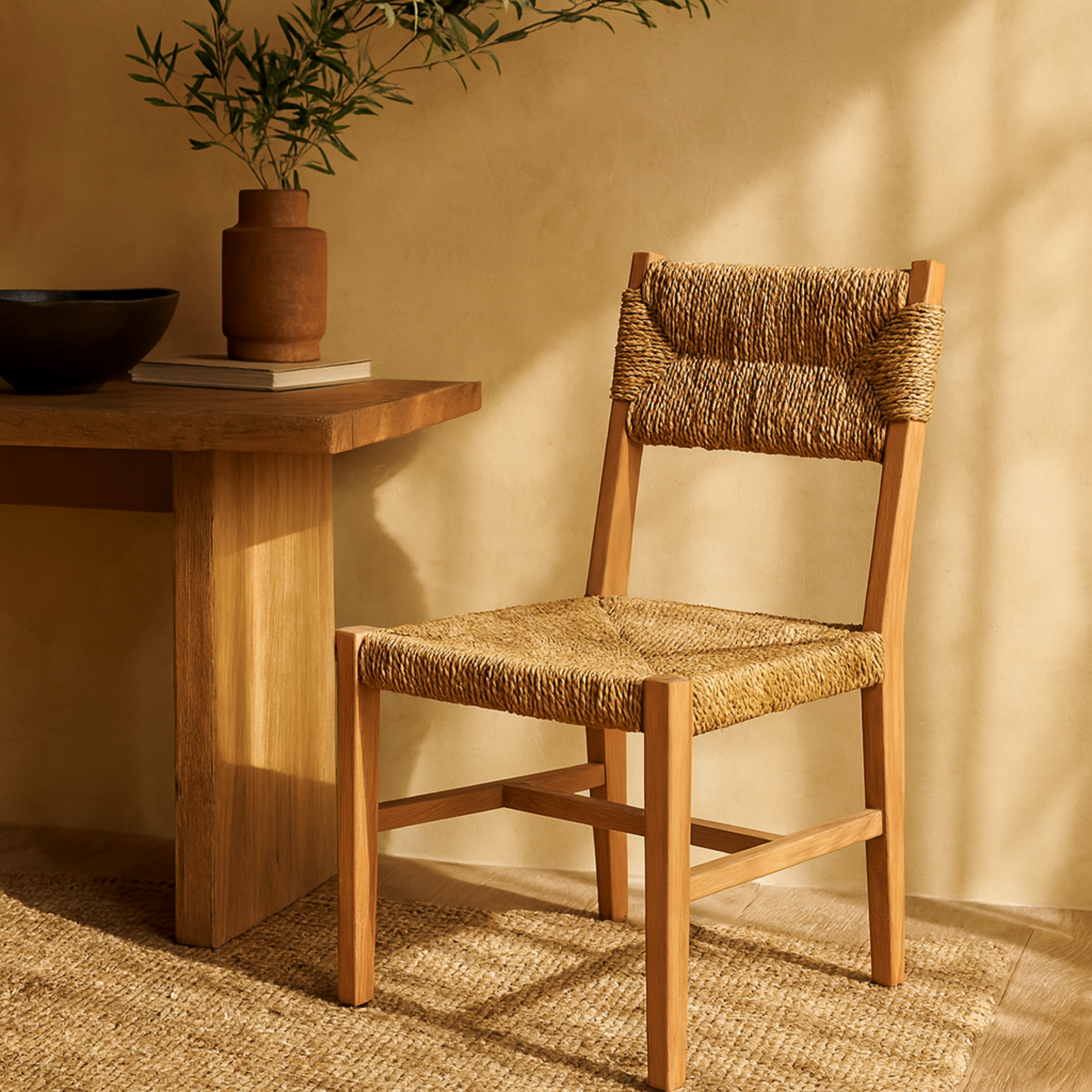 Set of 2 Light Brown Teak Wood Handmade Living Room Accent Chair with Woven Banana Leaf Seat