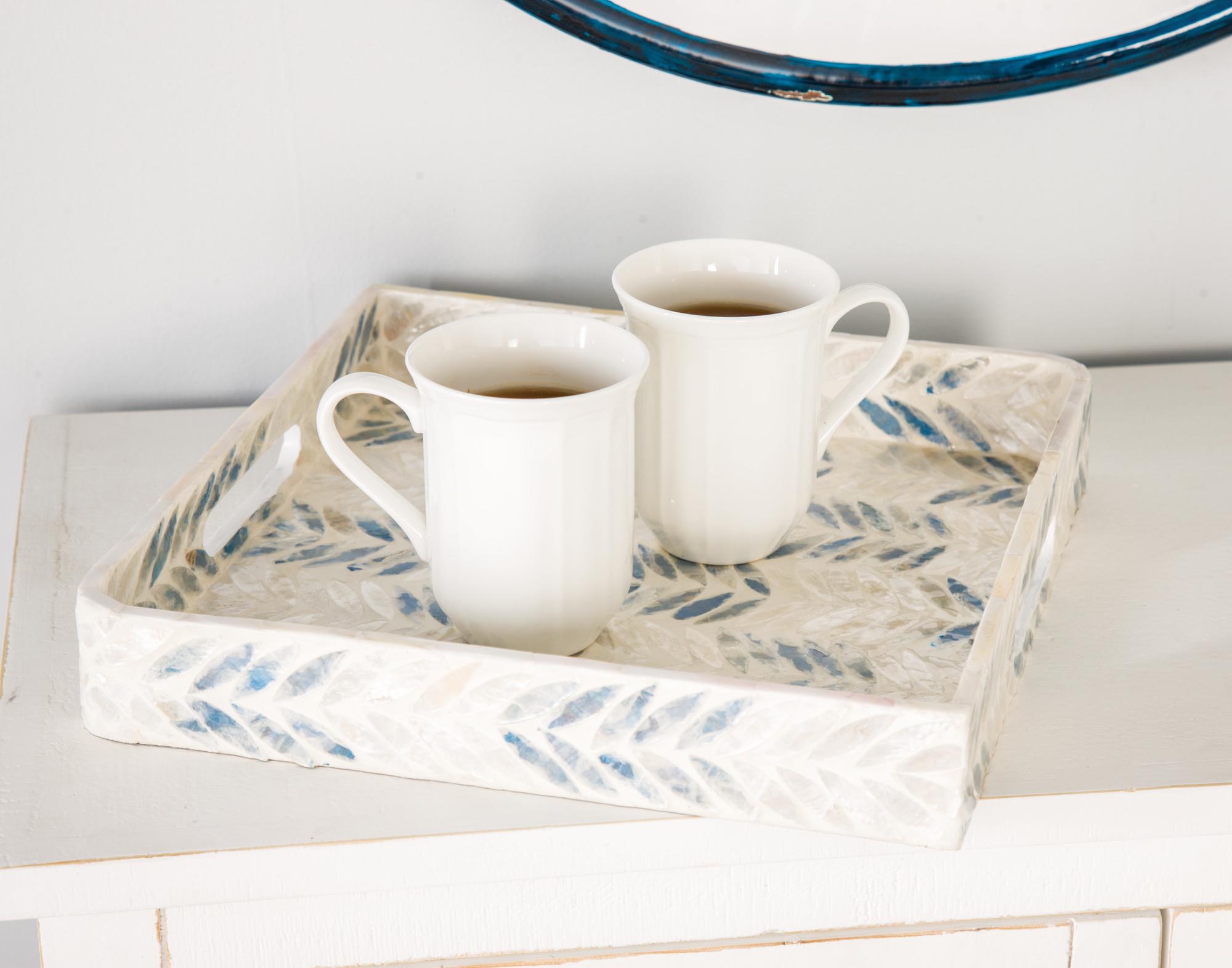 Set of 3 White Mother of Pearl Shell Living Room Decor Tray with Checkerboard Pattern