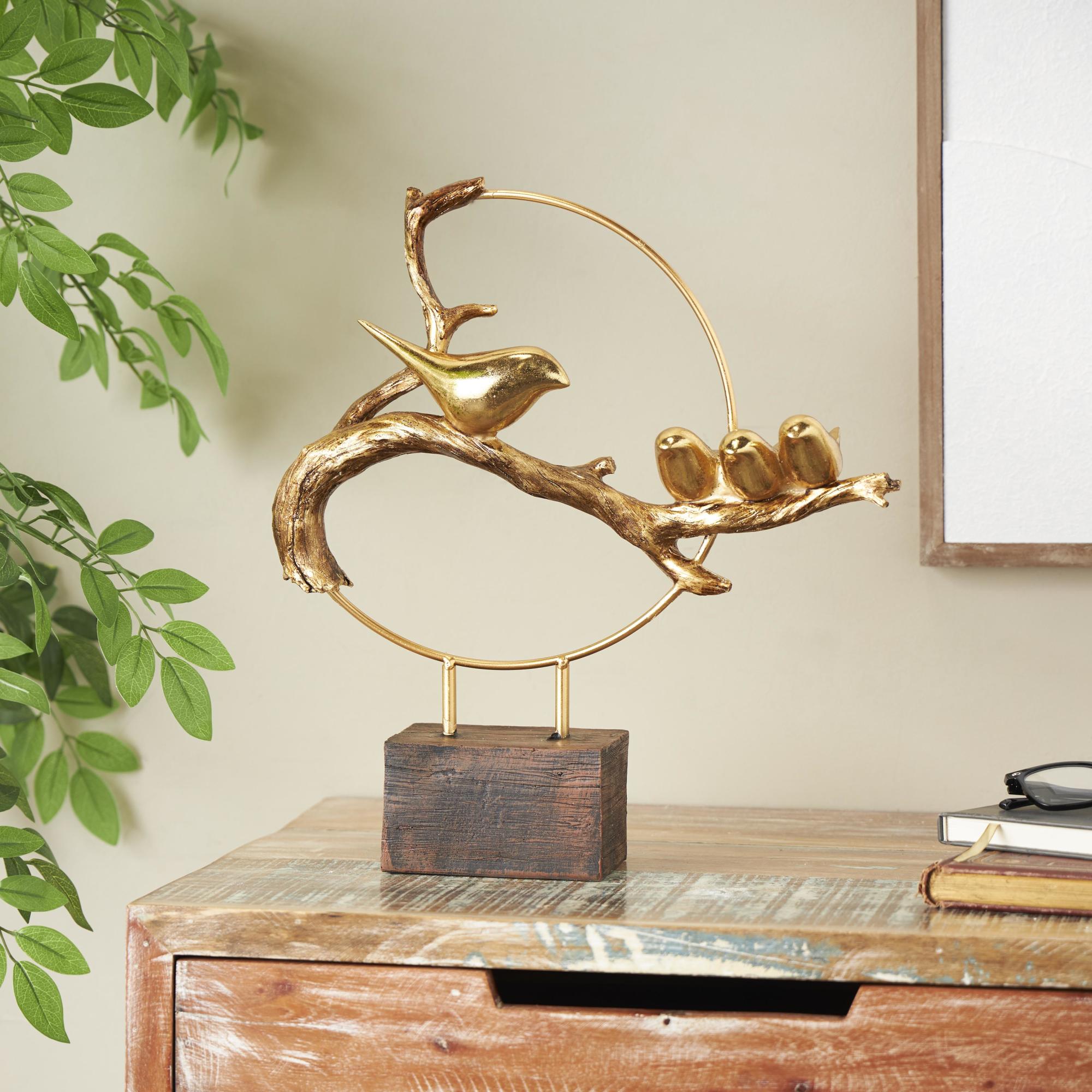 Bird Gold Polystone Family On A Branch Decorative Sculpture with Brown Block Base