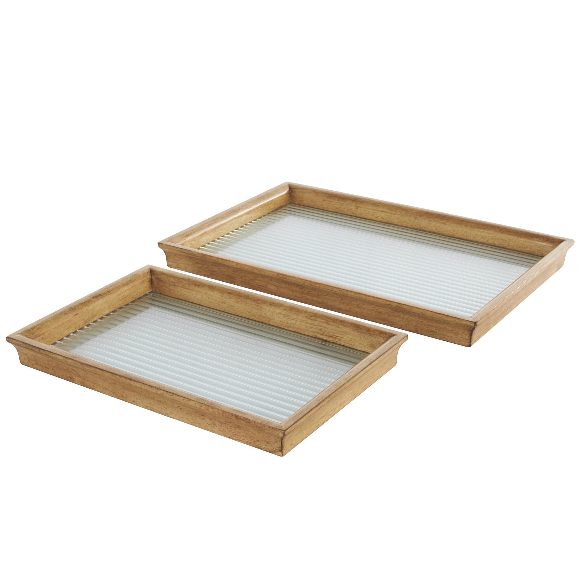 Set of 2 Brown Wood Nesting Living Room Decor Tray with Fluted Glass Bases