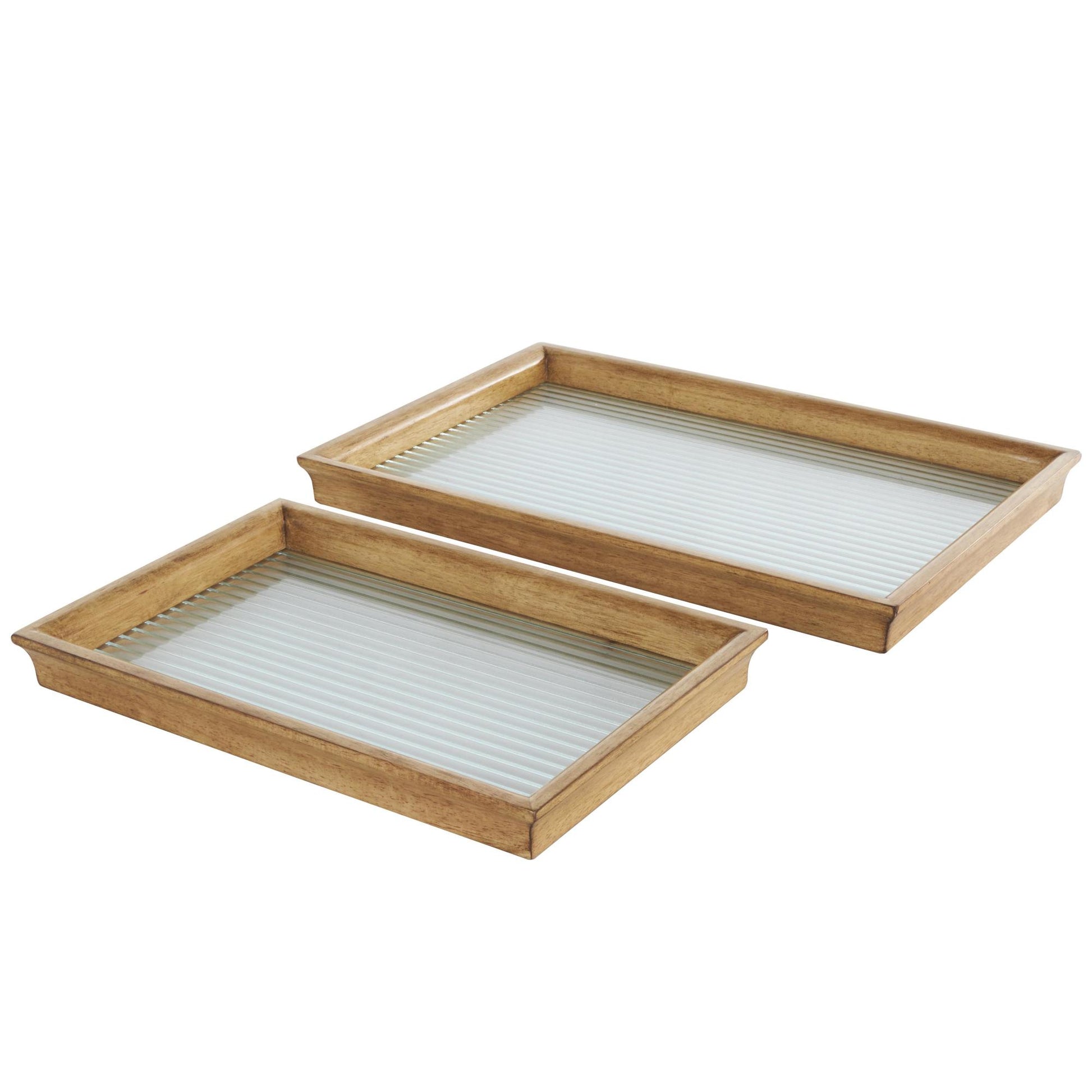 Set of 2 Brown Wood Nesting Living Room Decor Tray with Fluted Glass Bases