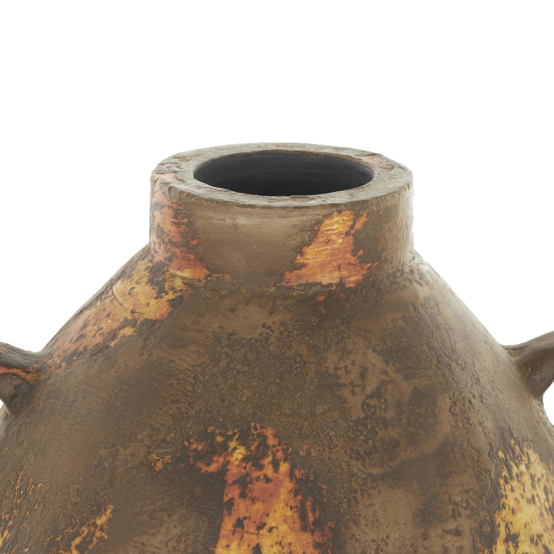 Brown Ceramic Antique Style Distressed Decorative Vase with Grooves and Handles
