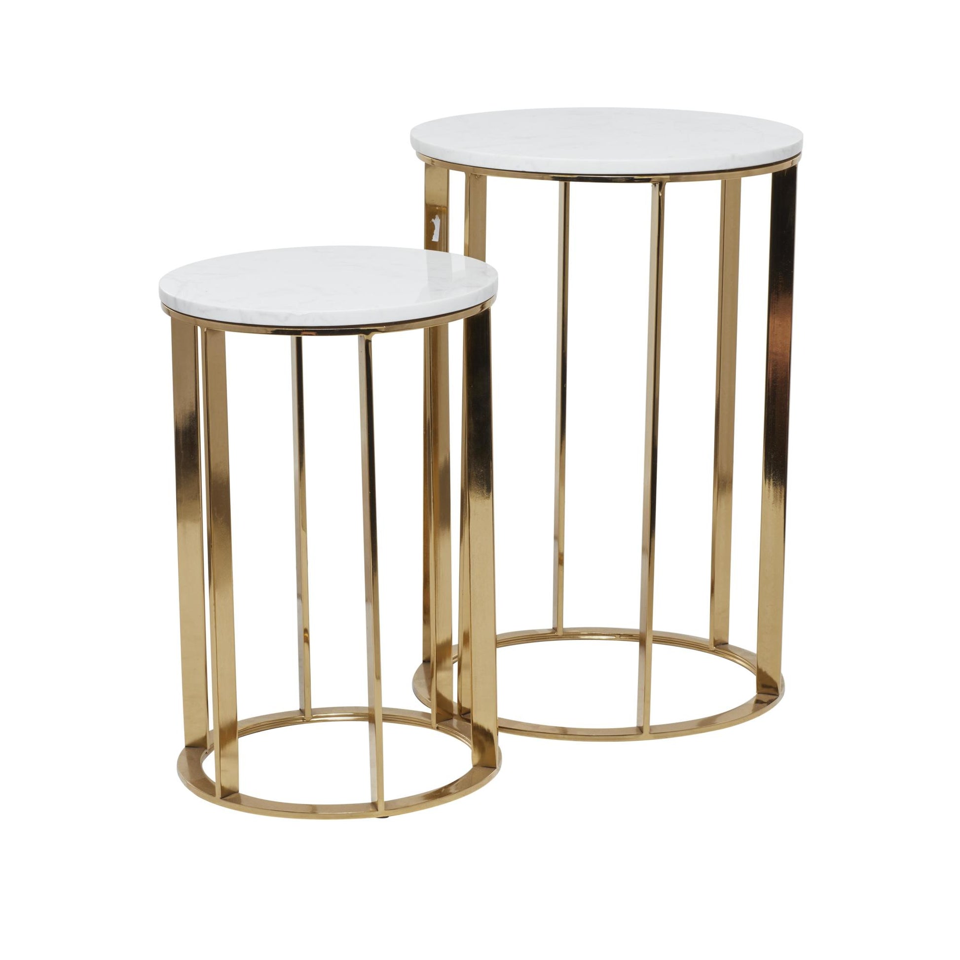 Set of 2 Gold Metal Side End Accent Table with Marble Top