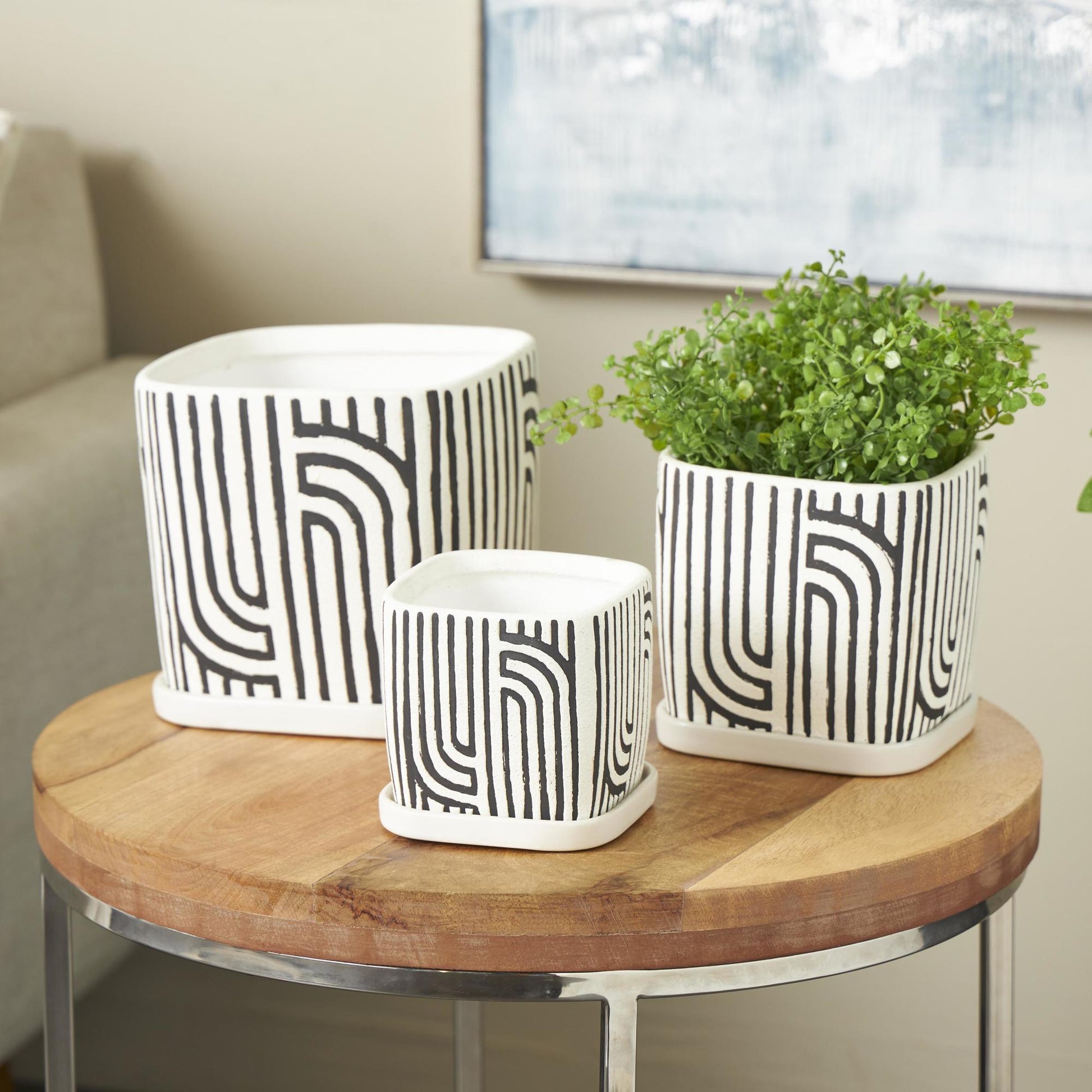 Set of 3 Geometric Ceramic Arched Patterned Indoor Outdoor Planter with Attached Saucer