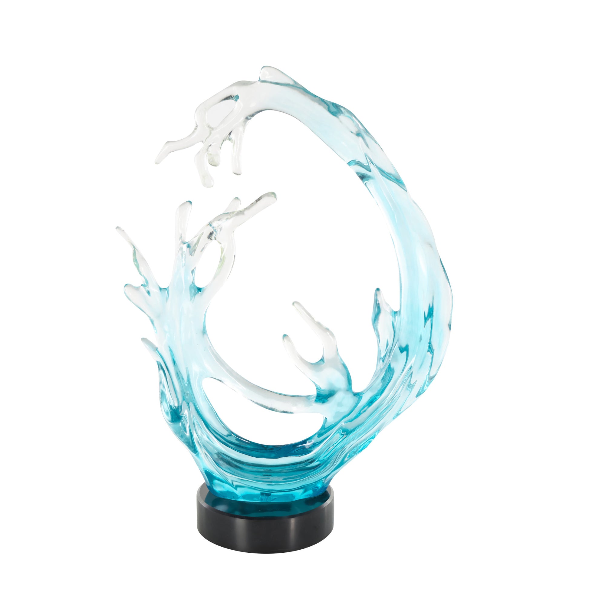 Coral Blue Glass Ombre Decorative Sculpture with Black Round Base