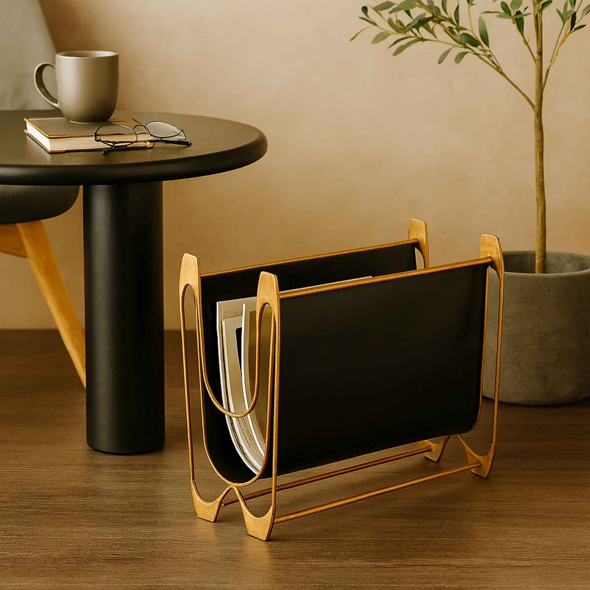 Black Metal Curved Decorative Magazine Holder with Brass Stand