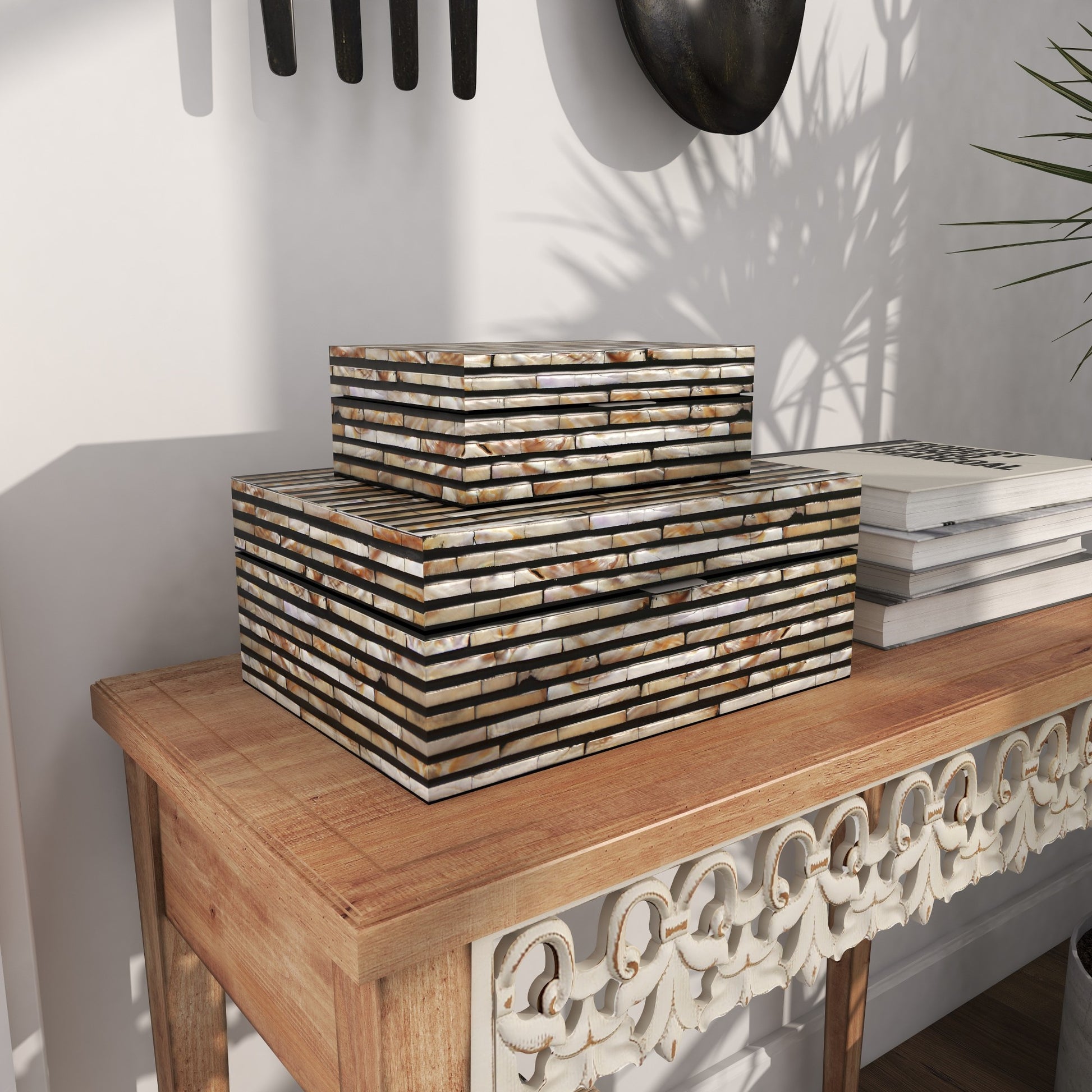 Set of 2 Beige Mother of Pearl Shell Handmade Decorative Box with Linear Mosaic Pattern and Hinged Lid