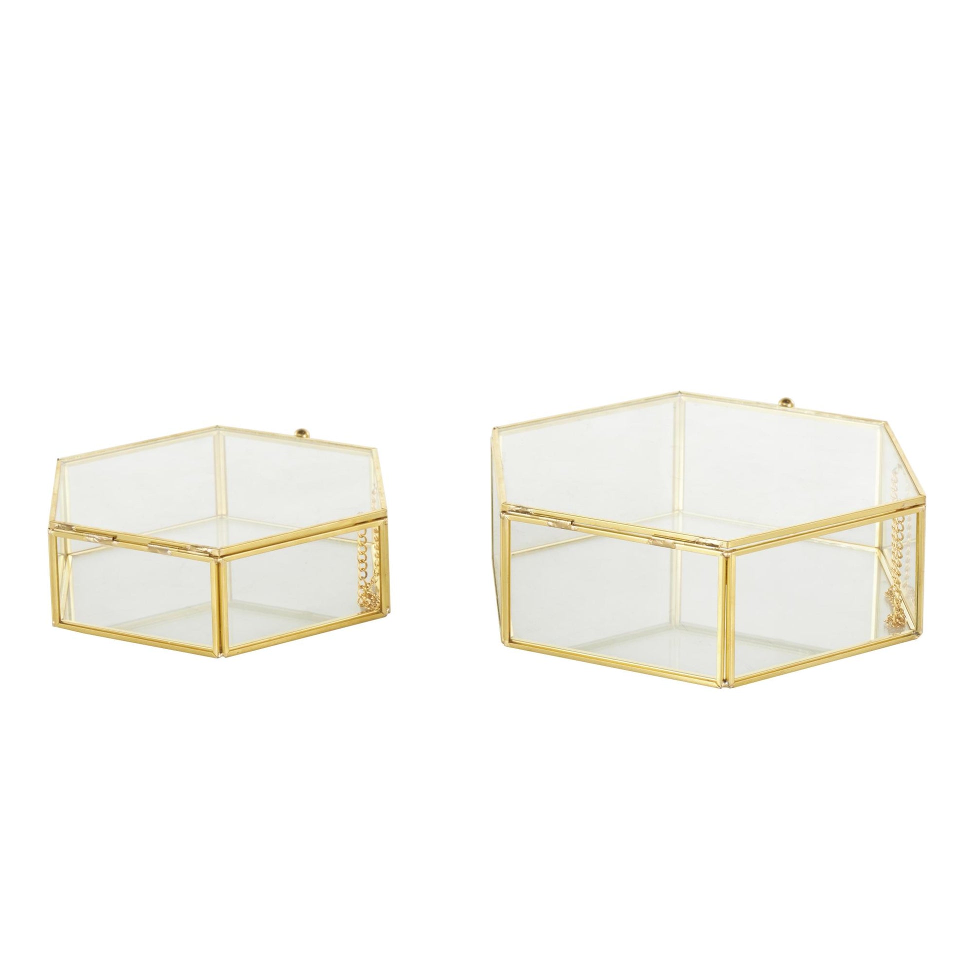 Set of 2 Geometric Clear Glass Hexagon Decorative Jewelry Box with Gold Metal Frame and Chain Accent