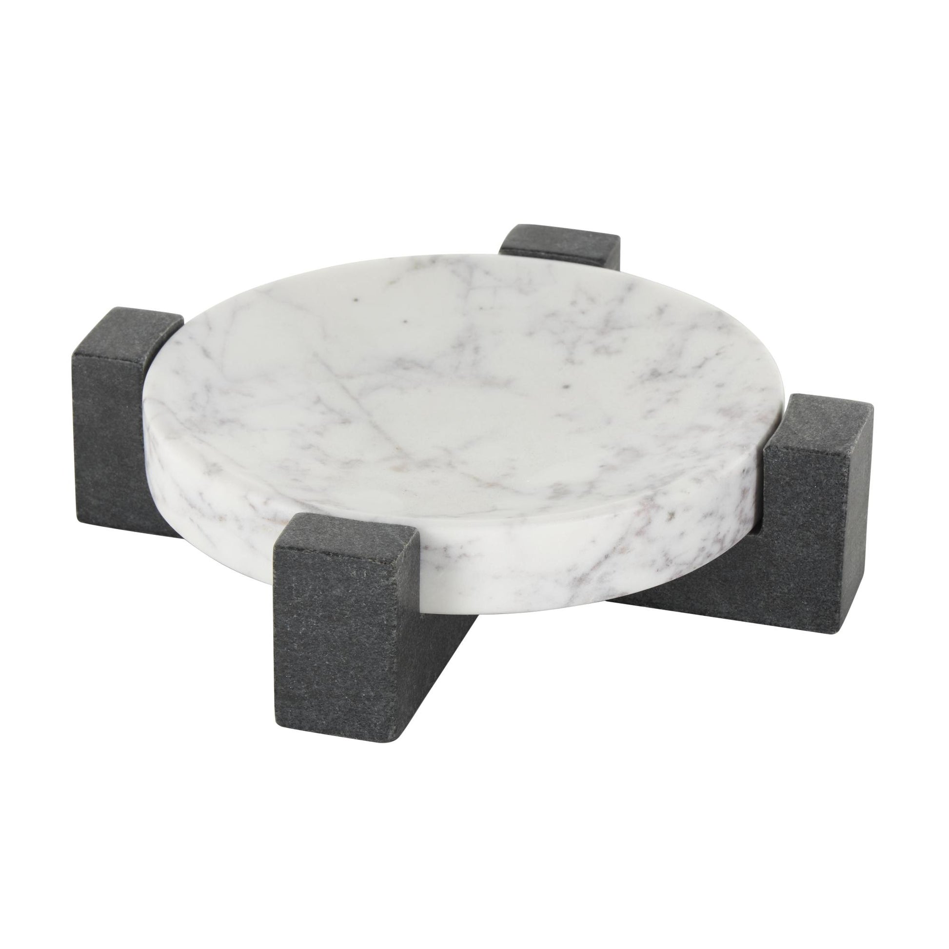 Geometric White Marble Round Living Room Decor Tray with Black X-Shaped Base