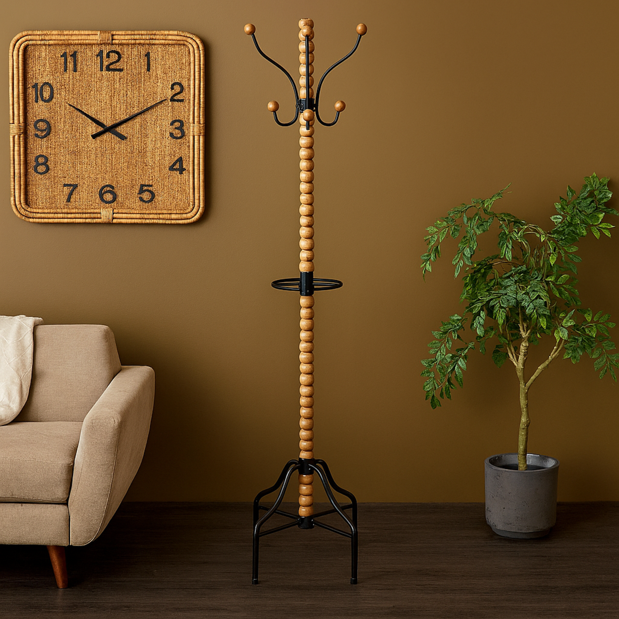 Brown Wood Spindle 8 Hook Freestanding Coat Rack with Black Metal Accents and Beaded Ends