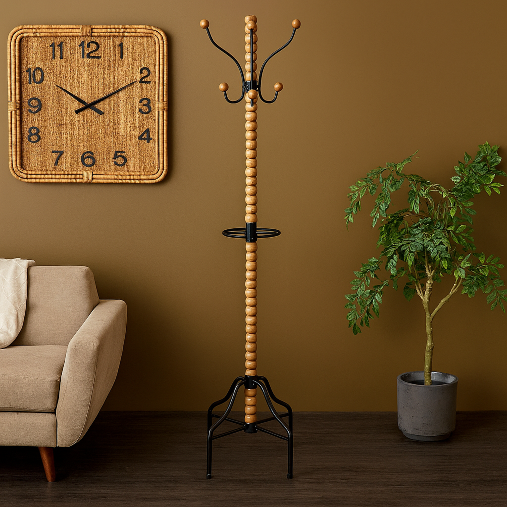 Brown Wood Spindle 8 Hook Freestanding Coat Rack with Black Metal Accents and Beaded Ends