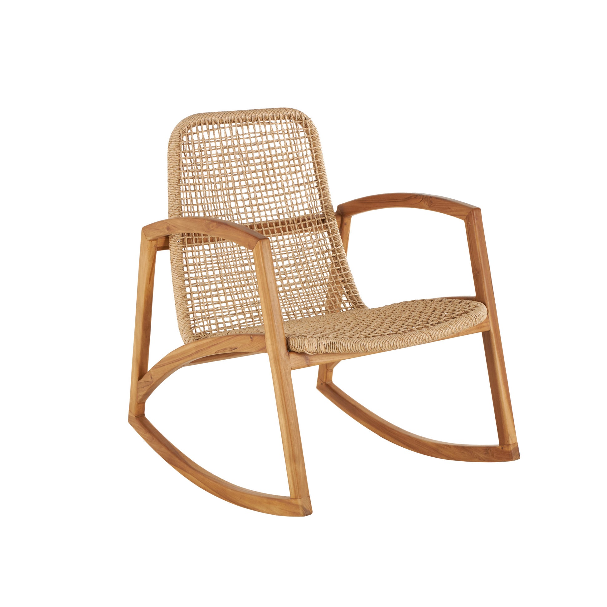 Light Brown Plastic Rattan Handmade Woven Rectangular Living Room Accent Chair with Teak Frame
