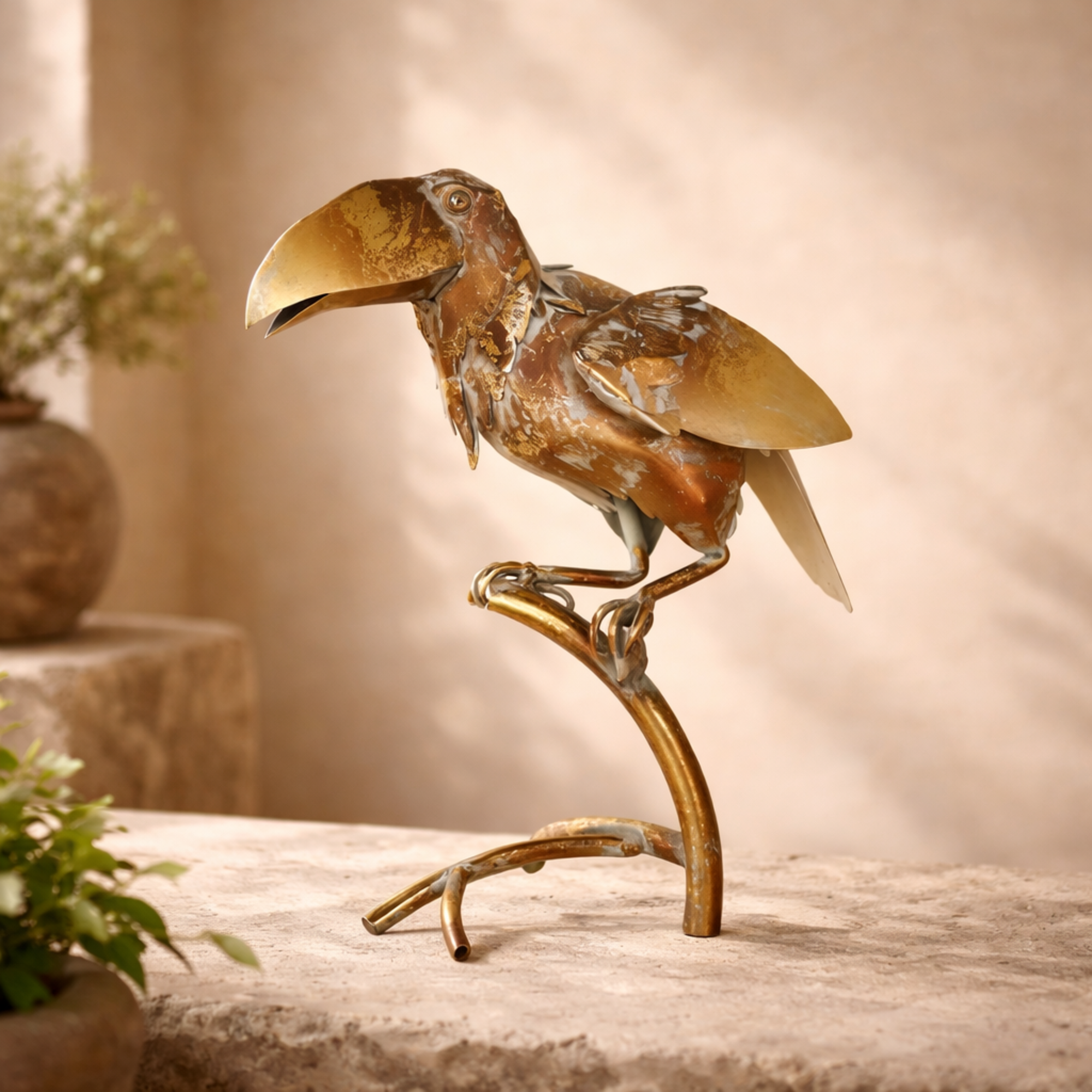 Parrot Bronze Metal Patina Decorative Garden Sculpture with Branch Stand