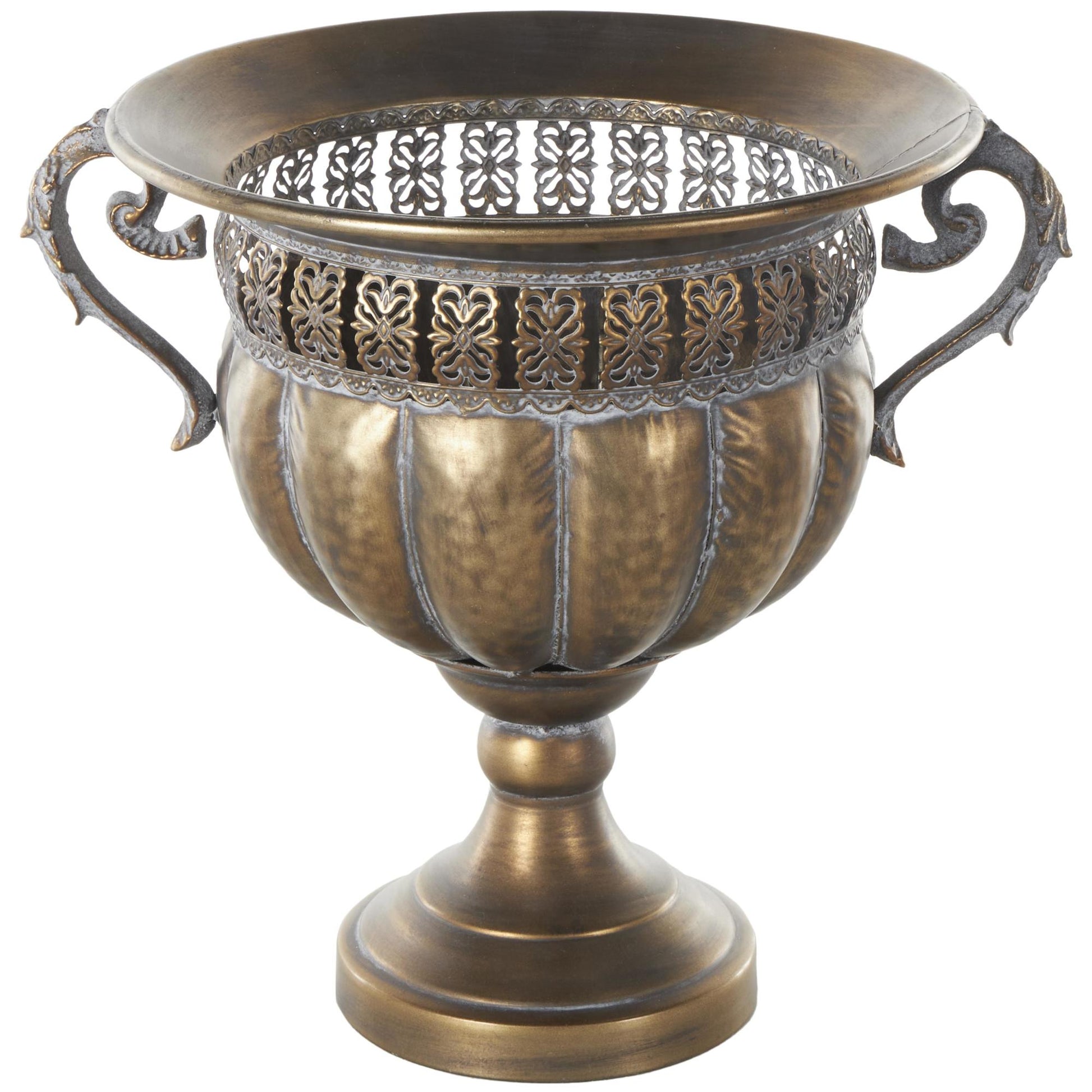Scroll Bronze Metal Urn Shaped Decorative Vase with Hammered Details and Cut Outs