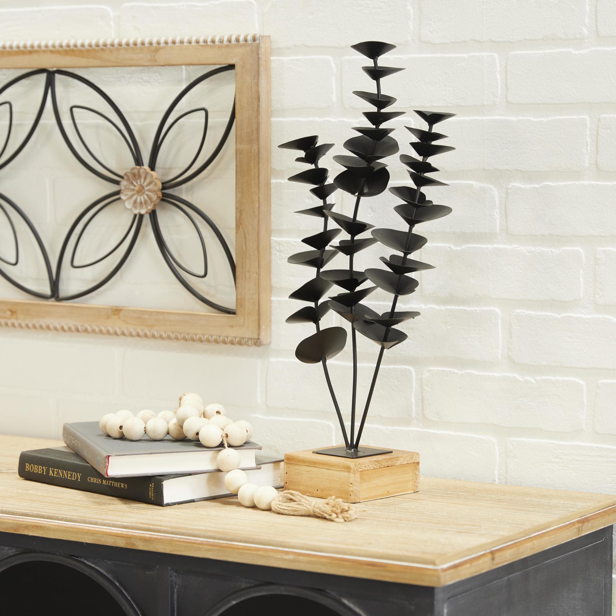 Leaf Black Metal Decorative Sculpture with Wood Base