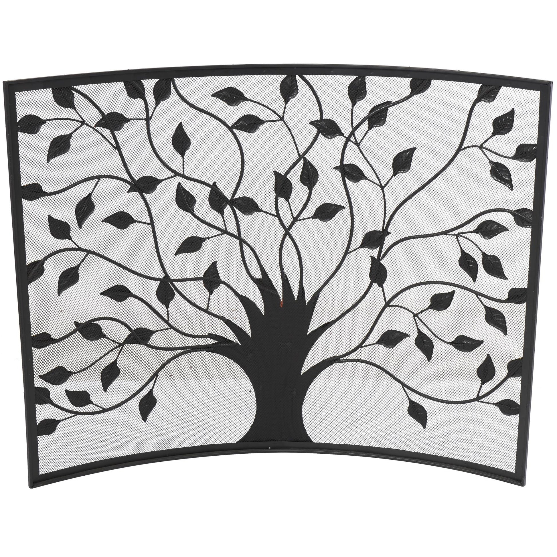 Tree Bronze Metal Sculpted Relief Single Panel Living Room Fireplace Screen with Curved Mesh Netting