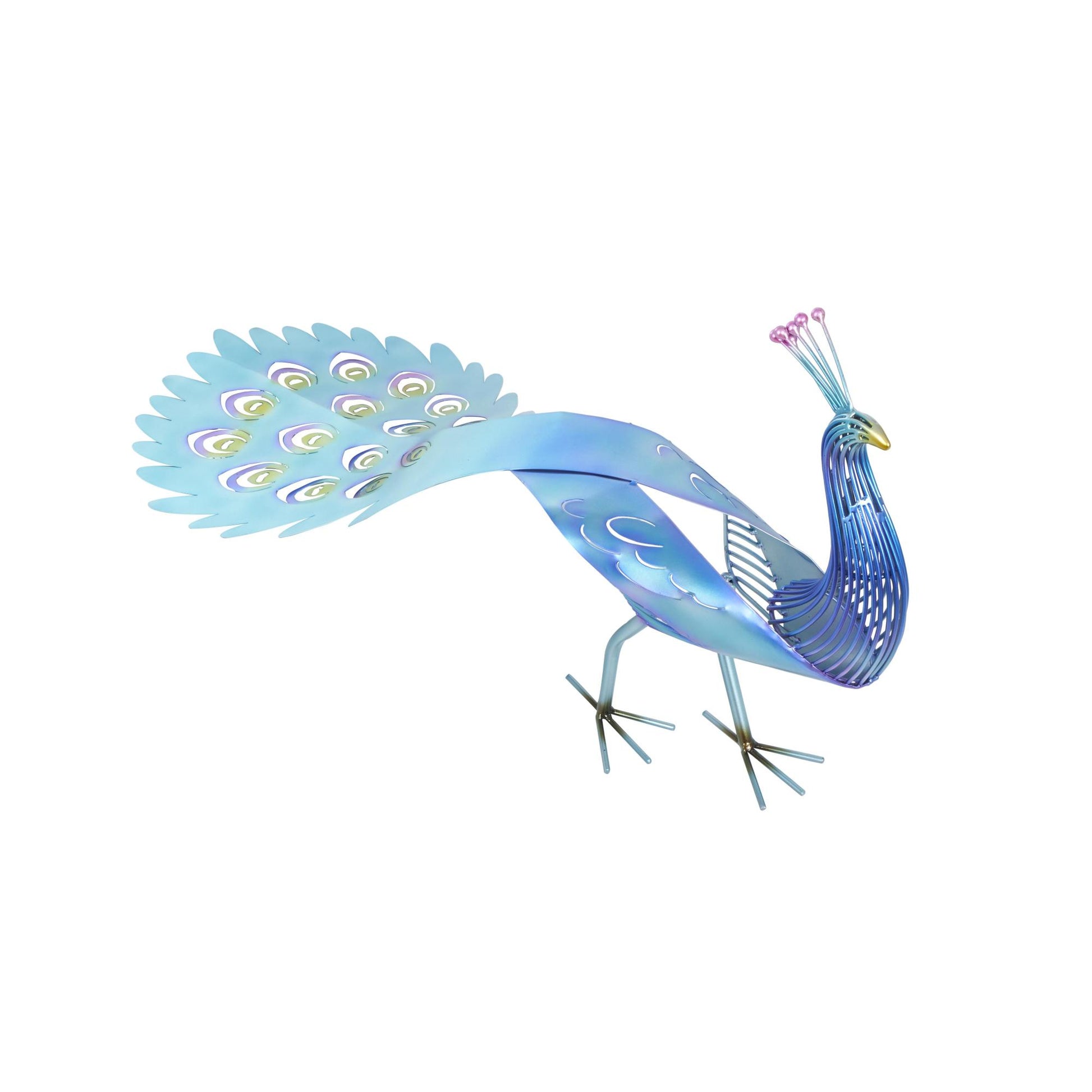 Peacock Blue Metal Decorative Garden Sculpture with Open Wire Framed Body and Rainbow Accents