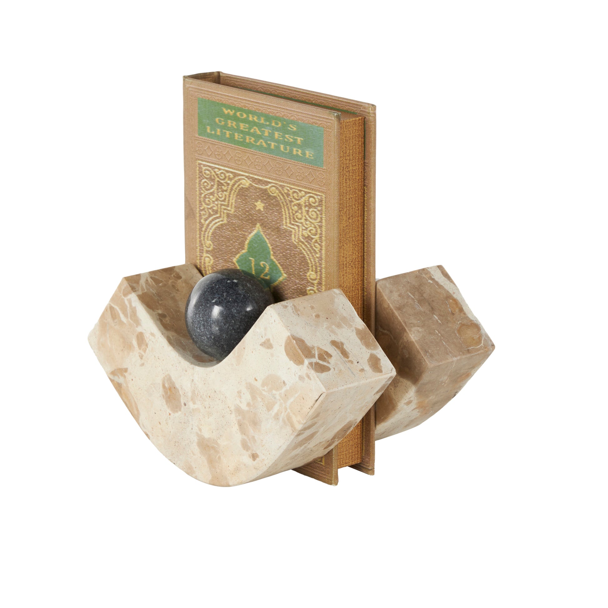 Set of 2 Brown Marble Arched Curved Decorative Bookends with Black Orbs