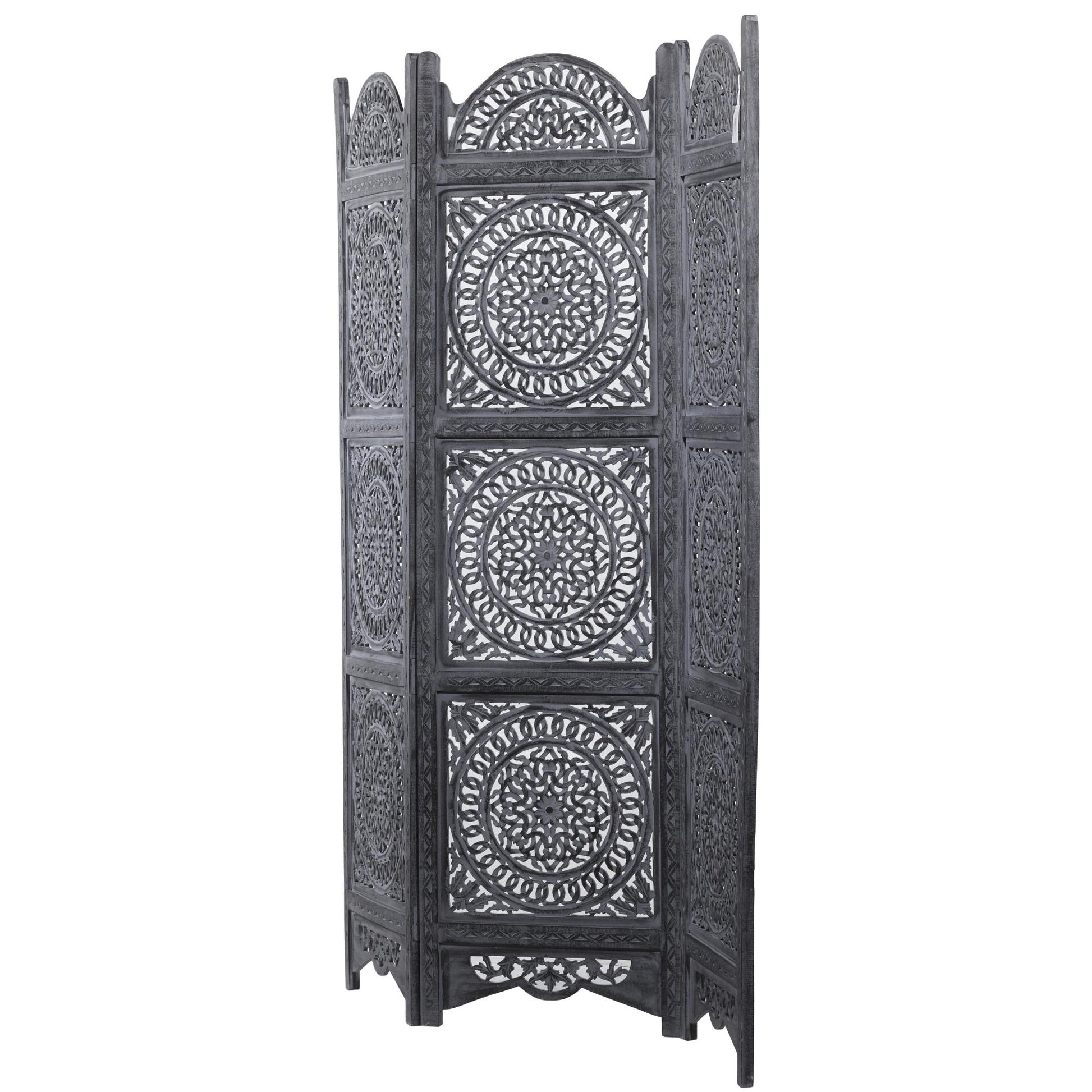 Floral Black Wood Handmade Foldable Partition 3 Panel Partition Room Divider Screen with Carved Designs