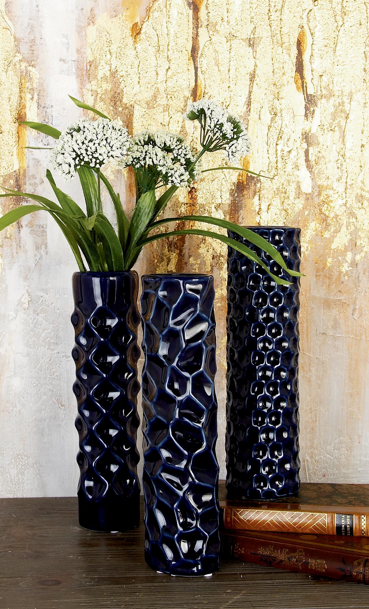 Set of 3 Dark Blue Ceramic Decorative Vase with Varying Patterns