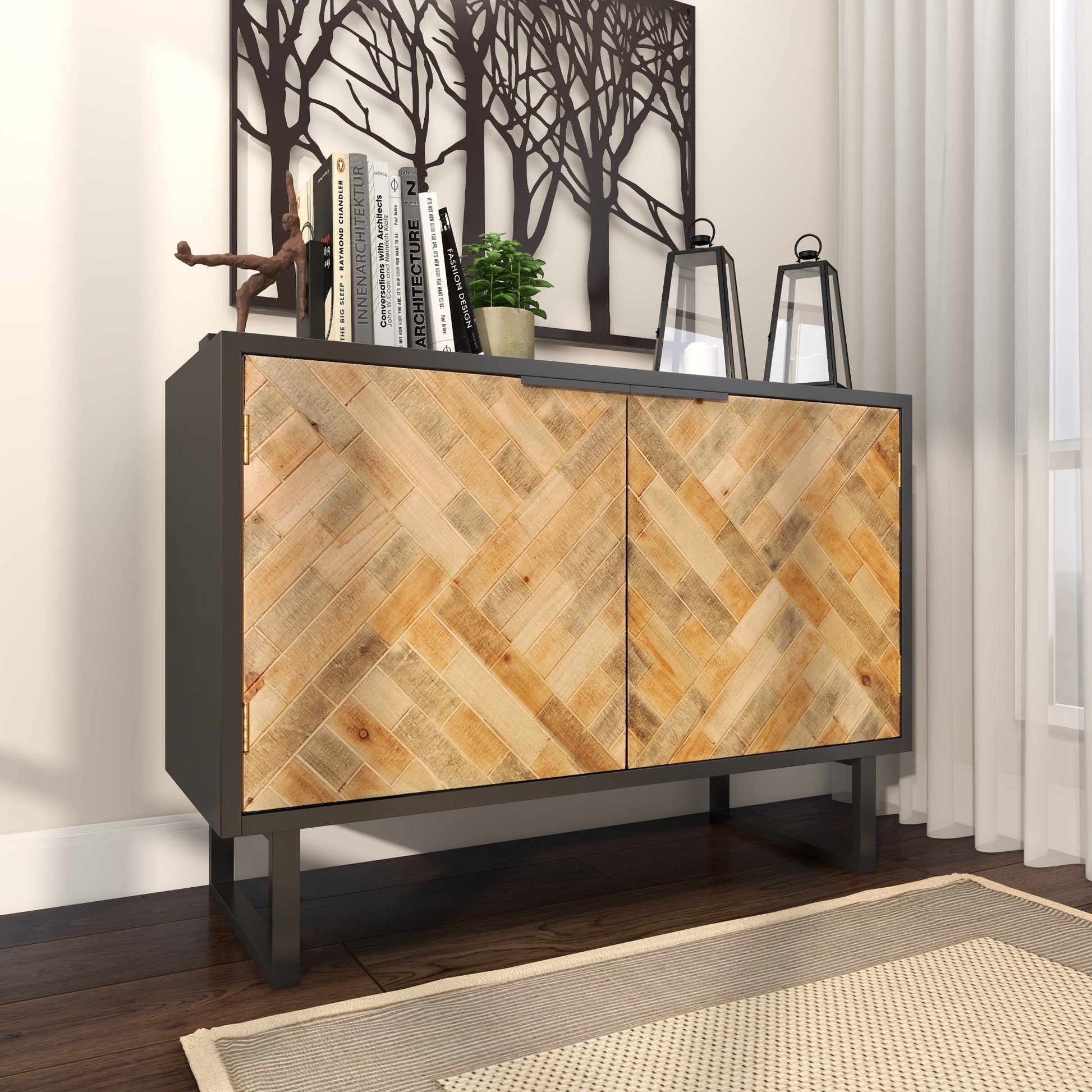 Geometric Black Wood 2 Door Room Cabinet with Wood Inlay