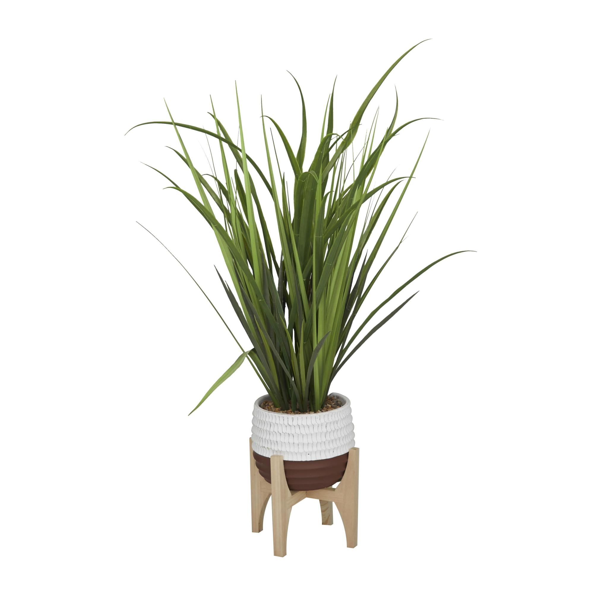 Grass Green Faux Foliage Indoor Outdoor Artificial Plant with Realistic Leaves and Porcelain Pot on Wooden Stand