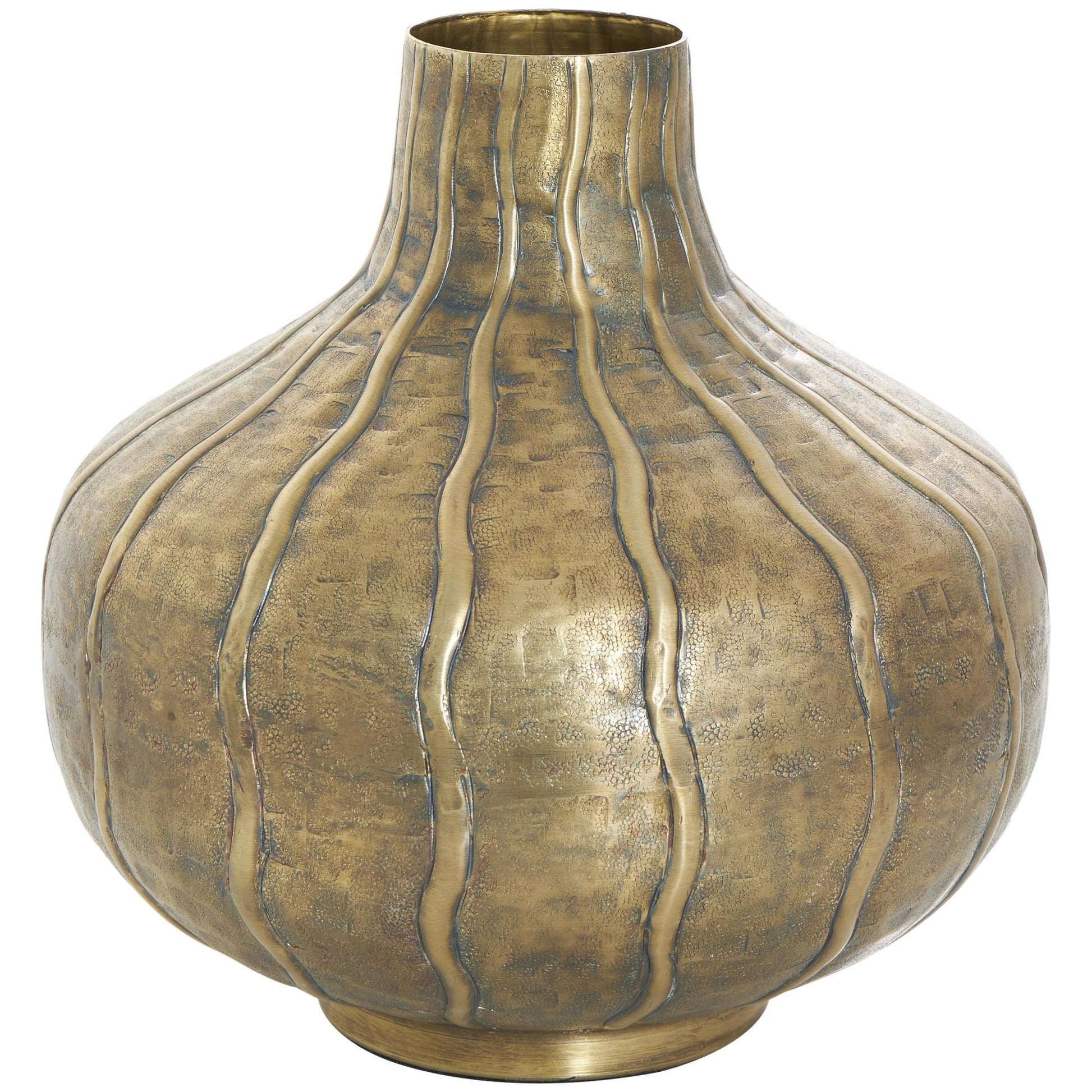 Brass Metal Wide Snakeskin Inspired Decorative Vase with Dimensional Wavy Accents