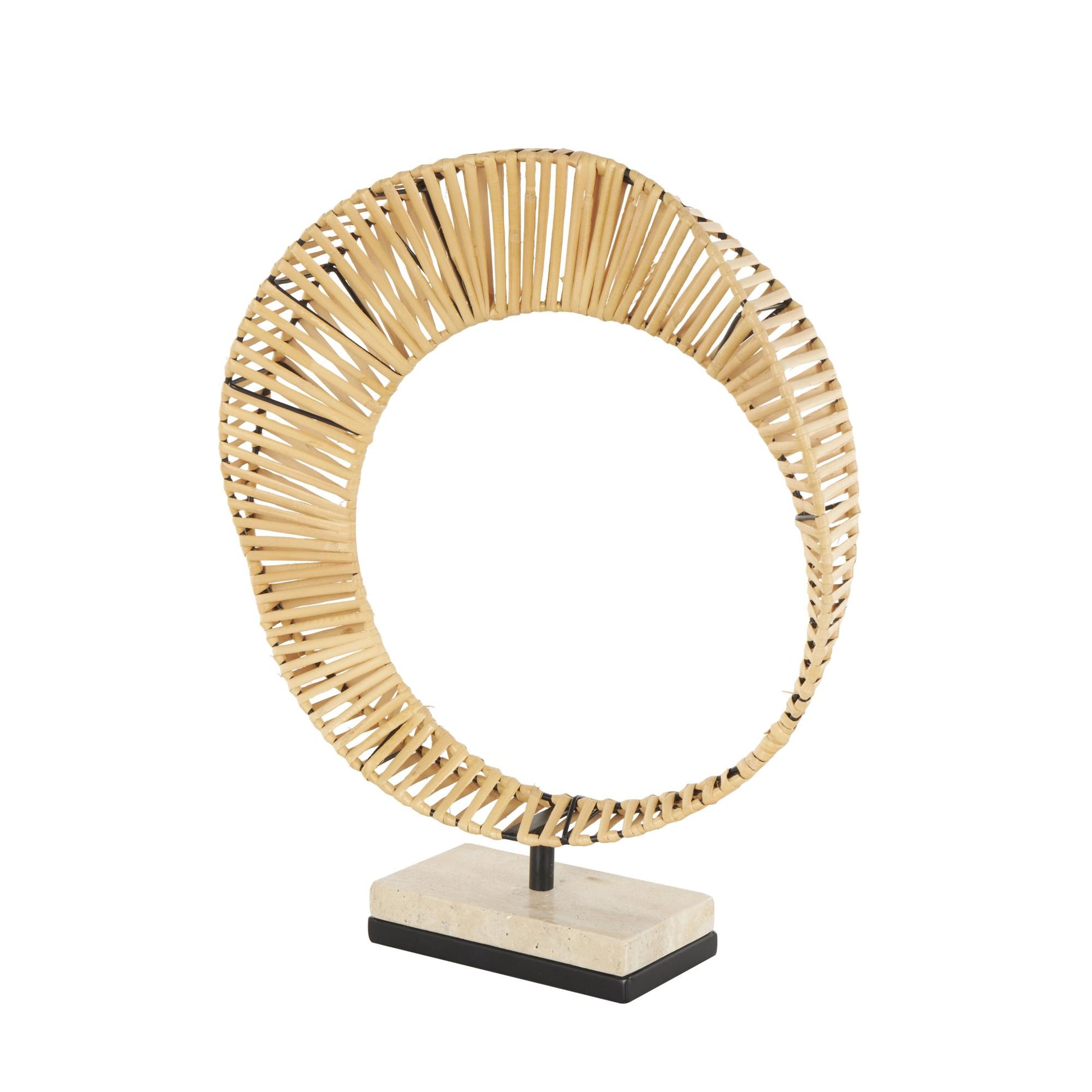 Abstract Brown Rattan Handmade Mobius Strip Inspired Decorative Sculpture with White Marble Base