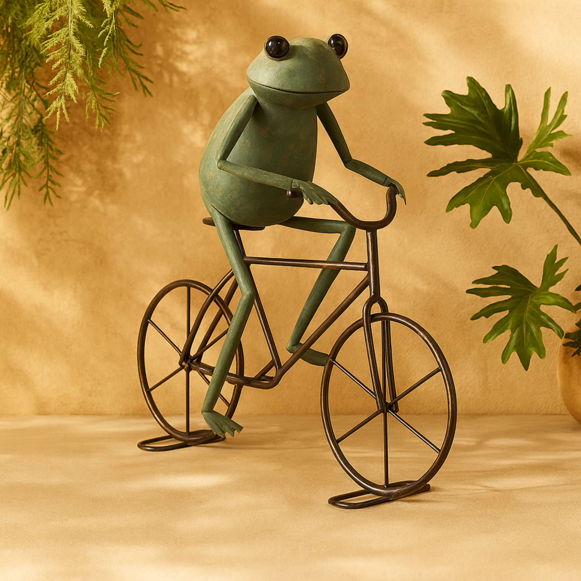 Frog Metal On Bicycle Decorative Garden Sculpture with Gold Accents 19" x 7" x 20"