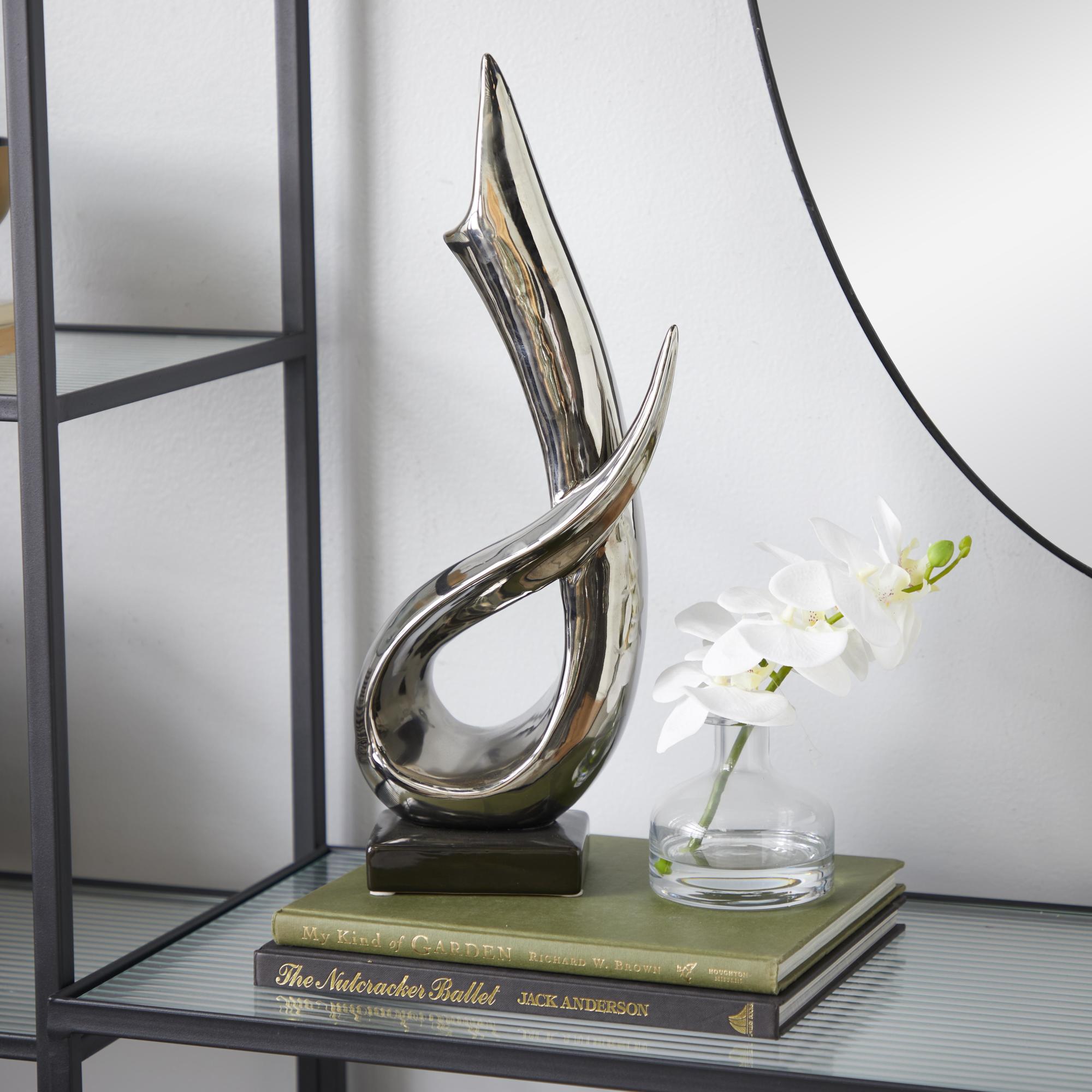 Abstract Silver Porcelain Ceramic Decorative Sculpture with Black Base