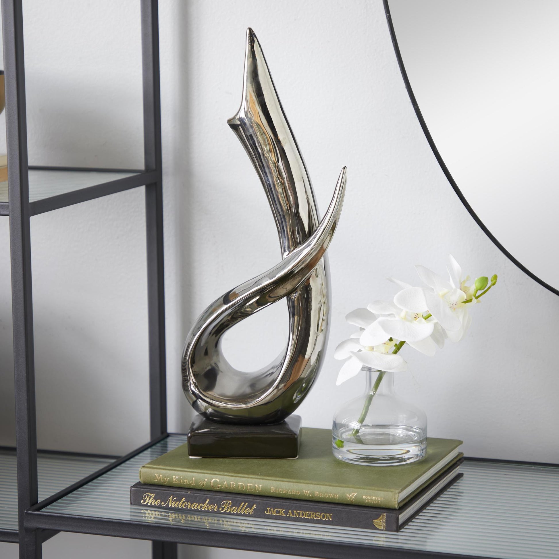 Abstract Silver Porcelain Ceramic Decorative Sculpture with Black Base