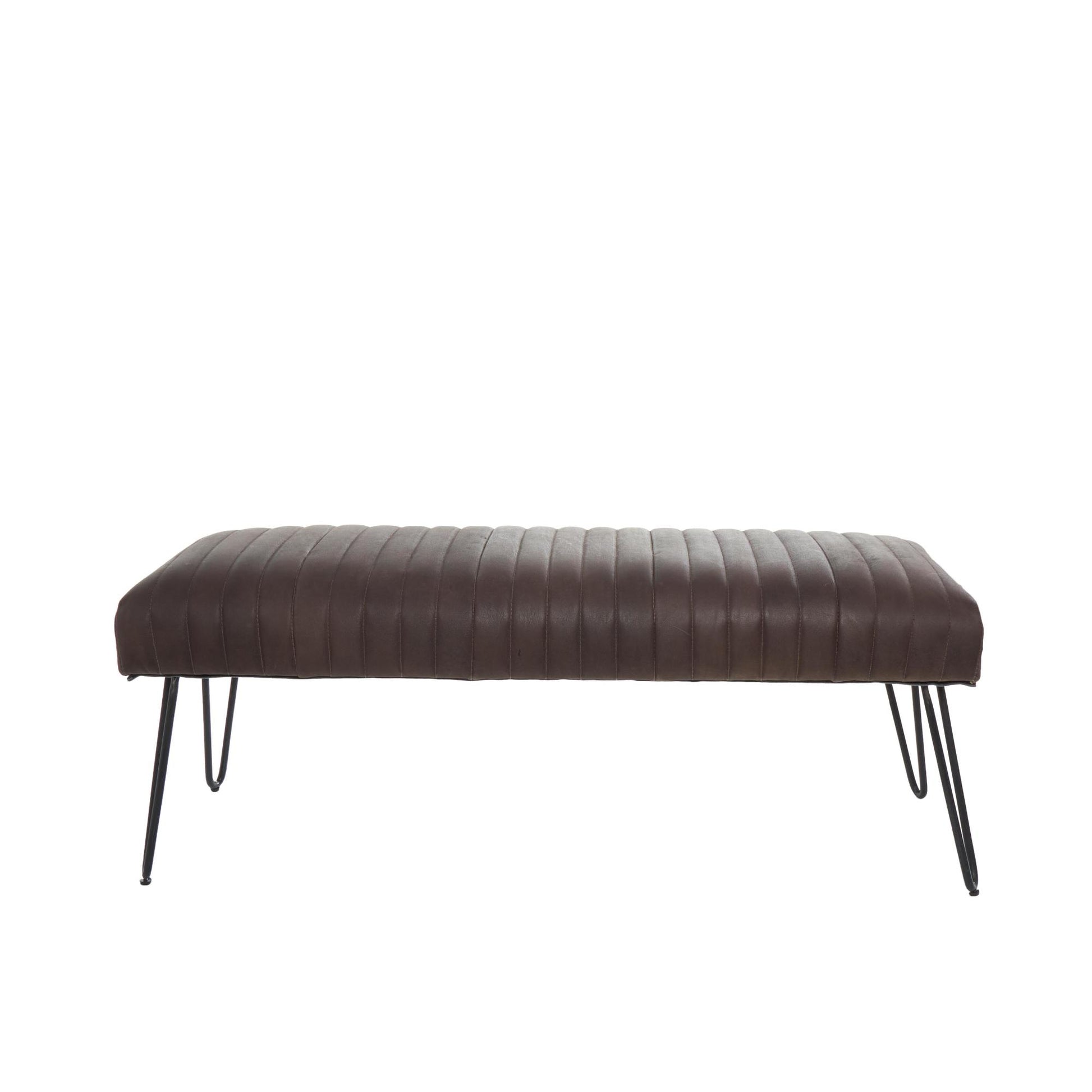Leather Upholstered Home Bench with Linear Tufted Panels and Black Metal Hairpin Legs